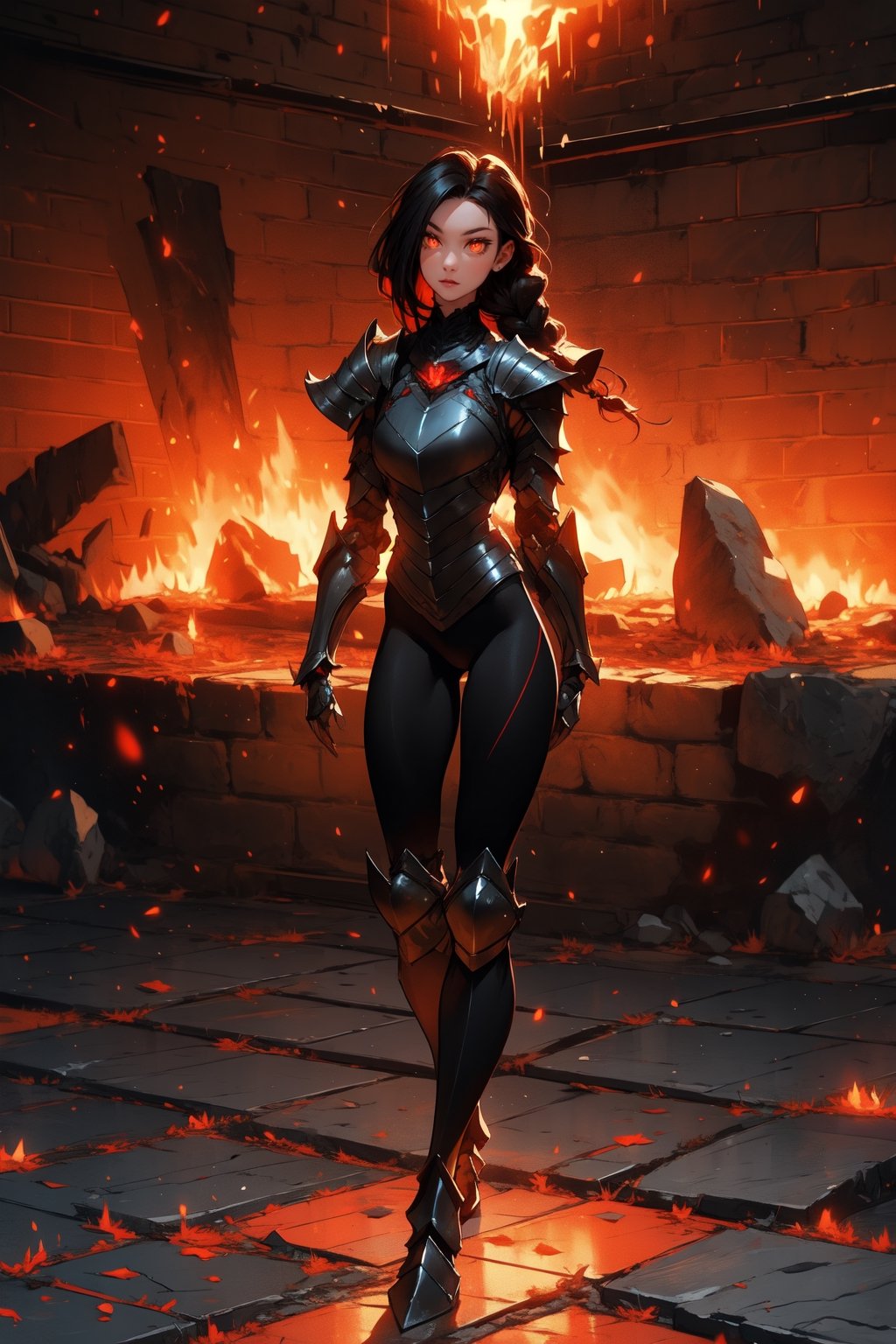 Beautiful 27 year old woman, ((red glowing eyes)), ((strong physique body)), (black hair), long_hair: 1.3, hair braid, bangs, serious look, hourglass body shape, detailed eyes, normal breasts quality, slim waist, (((strong physique body))), upper body knight armor, gauntlets, (detailed armor), lower body armor, broken stone floor, broken stone wall, fire surrounding, ((full-body_portrait))