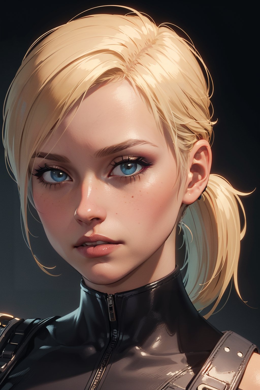 Portrait of Cassie Cage from the Mortal Kombat game. Blonde, long hair, ponytail, insanely detailed, (((masterpiece))), best quality, 8k, ultra high res, High contrast and low saturation,Cassie