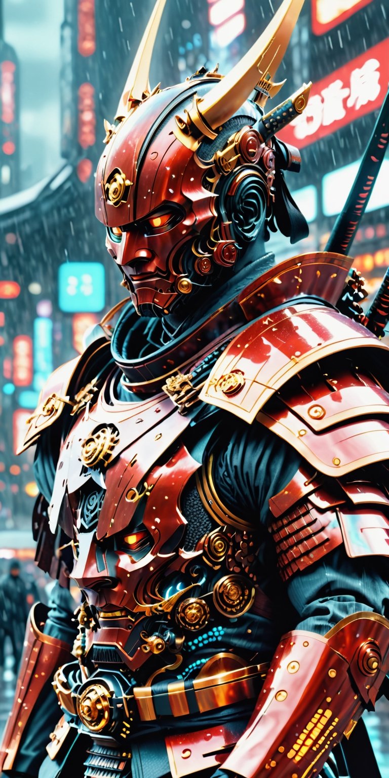 Create a man in futuristix samurai armor, dark red colour, full nano suit , holding plasma katana, background of futuristic tokyo, dark rainy day, highly detailed.,Movie Still,oni style,DonMPl4sm4T3chXL ,DonMCyb3rN3cr0XL 