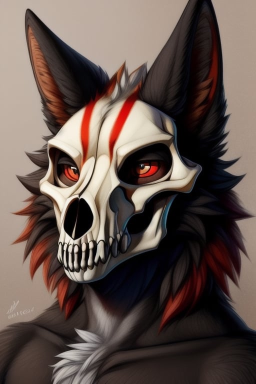 Please create for me a bust portrait (((head shot))) of a ((skulldog)) wendigo with ((shaggy black and red fur)), ((jackal ears)), a (((wolf skull for a head))), and antlers. Please keep the subject centered. Please do not cut off the top of the head. Please do not cut off the ears.

front_view,black_body,furred_dragon,orange_eyes,scales,horns,eastern_dragon,antlers,in_profile,head_shot