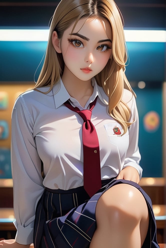 School girl, wear school uniform, breast, thick legs, slim body, downward-turn lips, sapphire eye, gold hair, black school shoes, long shirt, straight eye brown, cool cat eyeliner, gorgeous and beautiful girl.
vibrant colors, masterpiece, cinema lighting, sharp focus, depth on field, 8k picture. 