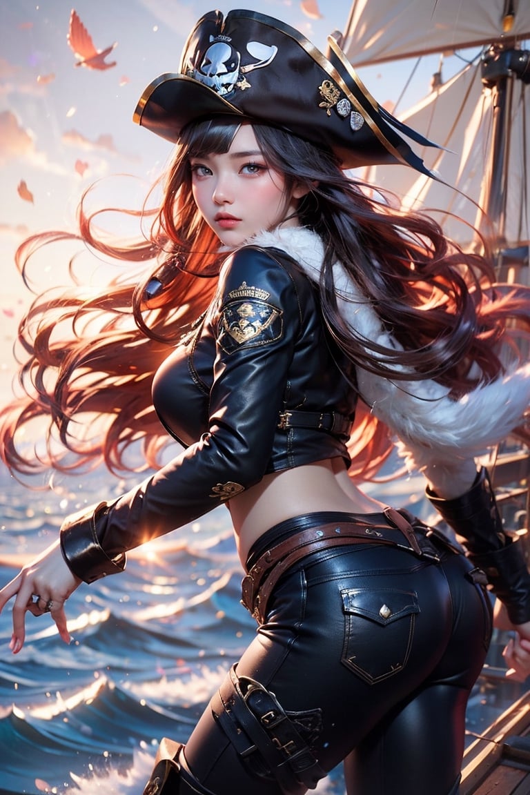 A young female pirate with long hair, holding a pirate gun in her hand, wearing nothing but putting on a coat with fur and feather,((pirate hat, eye patch)), the coat fluttering in the wind, leather pants, leather boots, she is on a pirate ship, there is smoke floating behind, there are people who is falling into the sea, there is ocean, there is sunlight, backlit shooting, the light and shadow are obvious, and the movie atmosphere, chinagirl02, averageface02, yumi02