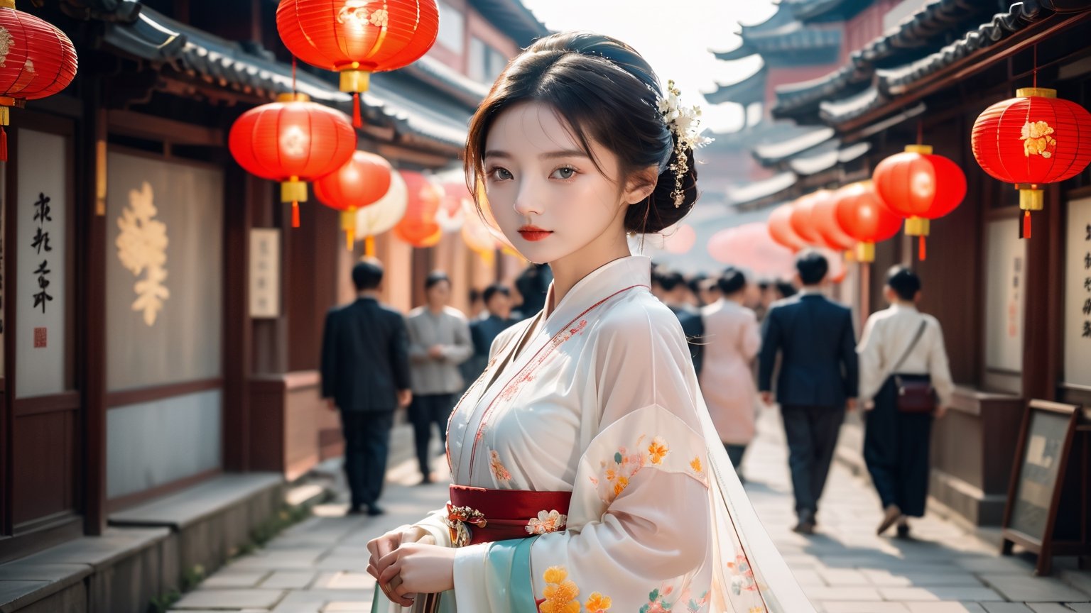 ((full body shot):1.3) with low angle, award-winning photography, hyperrealism, detailed face, symmetric face, bright eyes, glamorous v-shaped face, Chrysanthemum personification, an ethereal breathtakingly beautiful 18-years-old china girl in hanfu, exquisite hanfu attire, 1girl walking in a business district, perfect model body, translucent appearance, pronounced facial features, hasselbald 503CW, LinkGirl