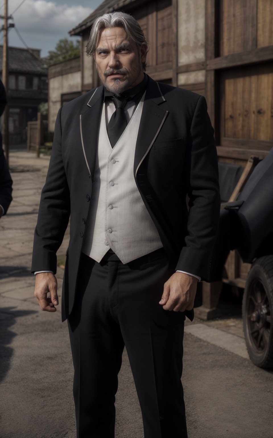 masterpiece, best quality, highres, sebas, 1boy 50yo old man, hair_slicked, silverglay hair, gray beard, gray mustache, gray facial hair, curtained hair, gray eyes, stocky muscular, black suit, black collared, black shirt, White necktie, white gloves ,angry, fighting stance, looking at viewers, fullbody, outdoors, natural lighting, ,REALISTIC