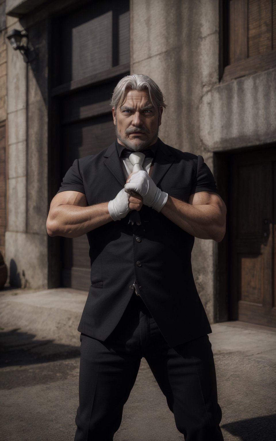 masterpiece, best quality, highres, sebas, 1boy 50yo old man, hair_slicked, silverglay hair, gray beard, gray mustache, gray facial hair, curtained hair, gray eyes, stocky muscular, black suit, black collared, black shirt, White necktie, white gloves ,angry, fighting stance, looking at viewers, fullbody, outdoors, natural lighting, ,REALISTIC