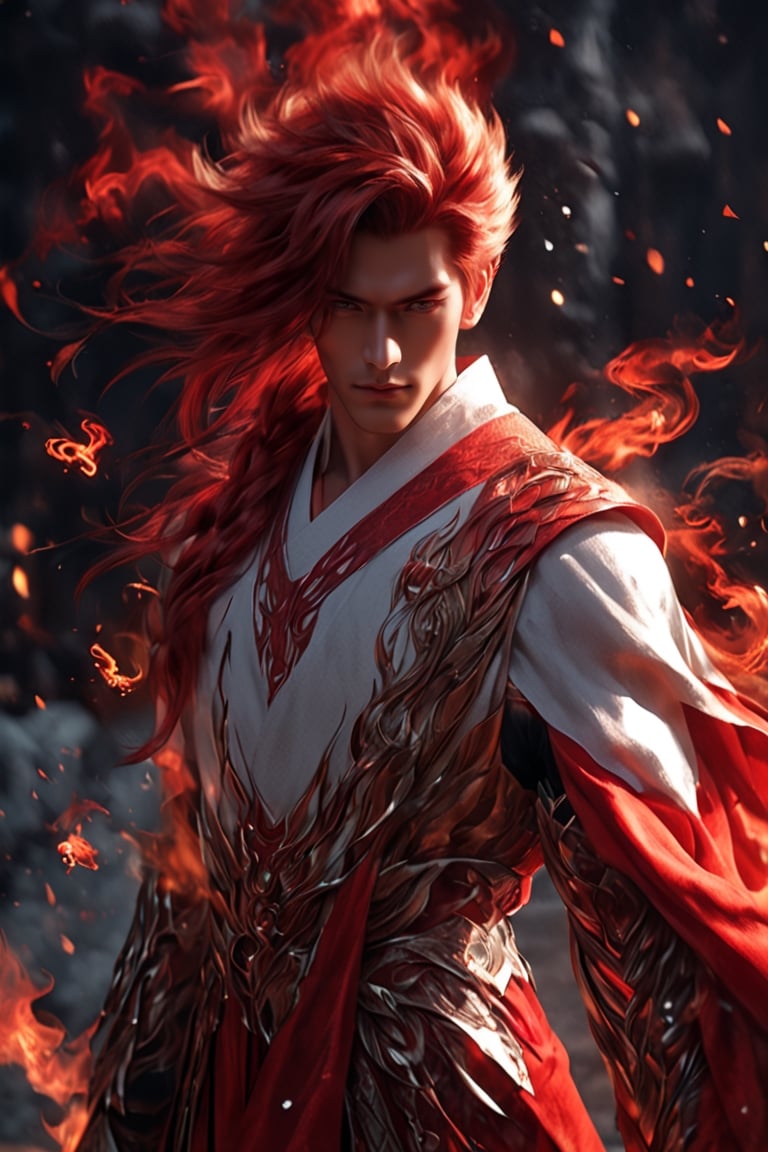 1boy, short korean hair, looking at viewer, bangs, long white sleeves. behind him there is flaming Phenix, hair between eyes, full lenght body, braid, red hair, wide sleeves, hollow, robe, red robe, shallows depth of field, dramatic light, perfect composition