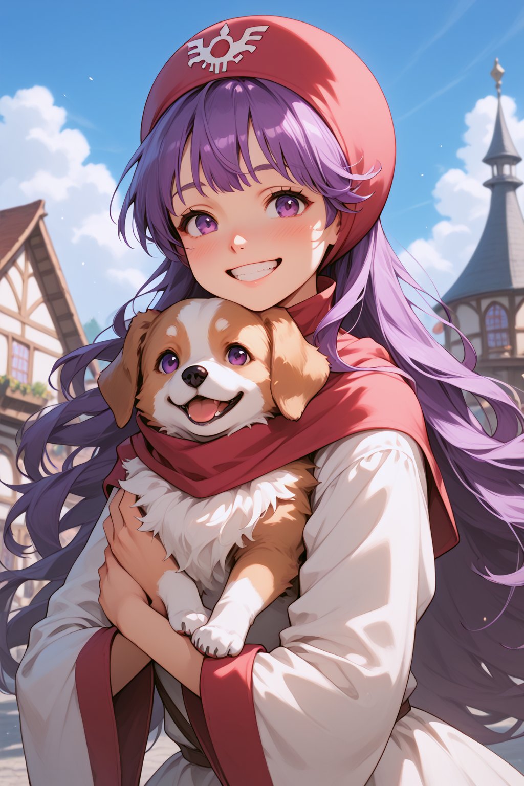 core_9, score_8_up, score_7_up, score_6_up, source_anime, portrait, 
1girl, solo, princess of moonbrook, purple eyes, purple hair, long hair, 
dress, white dress, hood, long sleeves, wide sleeves, 
medieval town, square, sky, outdoors, 
looking pleasured, happy, smile, light blush, holding dog, hugging dog, cheek to cheek, p3tl0v3, 