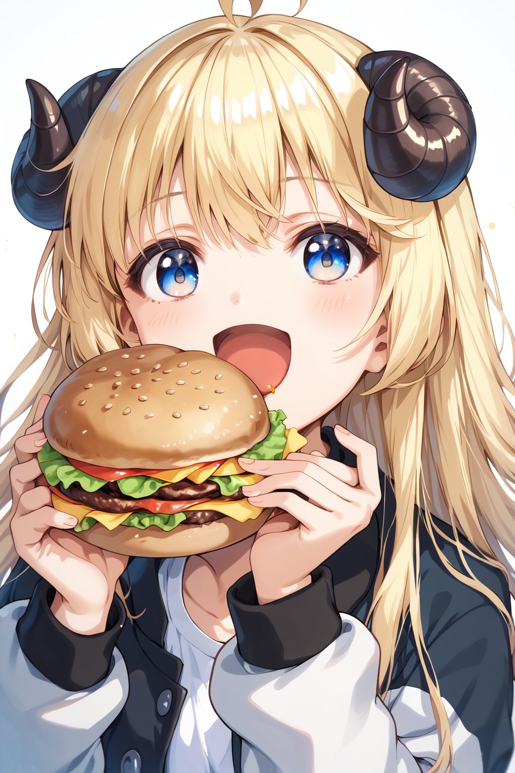 score_9, score_8_up, score_7_up, score_6_up, score_anime, female focus, face focus, close-up, 
1girl, solo, TsunomakiWatame,WatameBase, blond hair, long hair, ahoge, horns, 
jacket, long sleeves, 
food, hamburger, eating, enjoying the meal, happy, wide open mouth, wide open eyes, holding hamburger, 