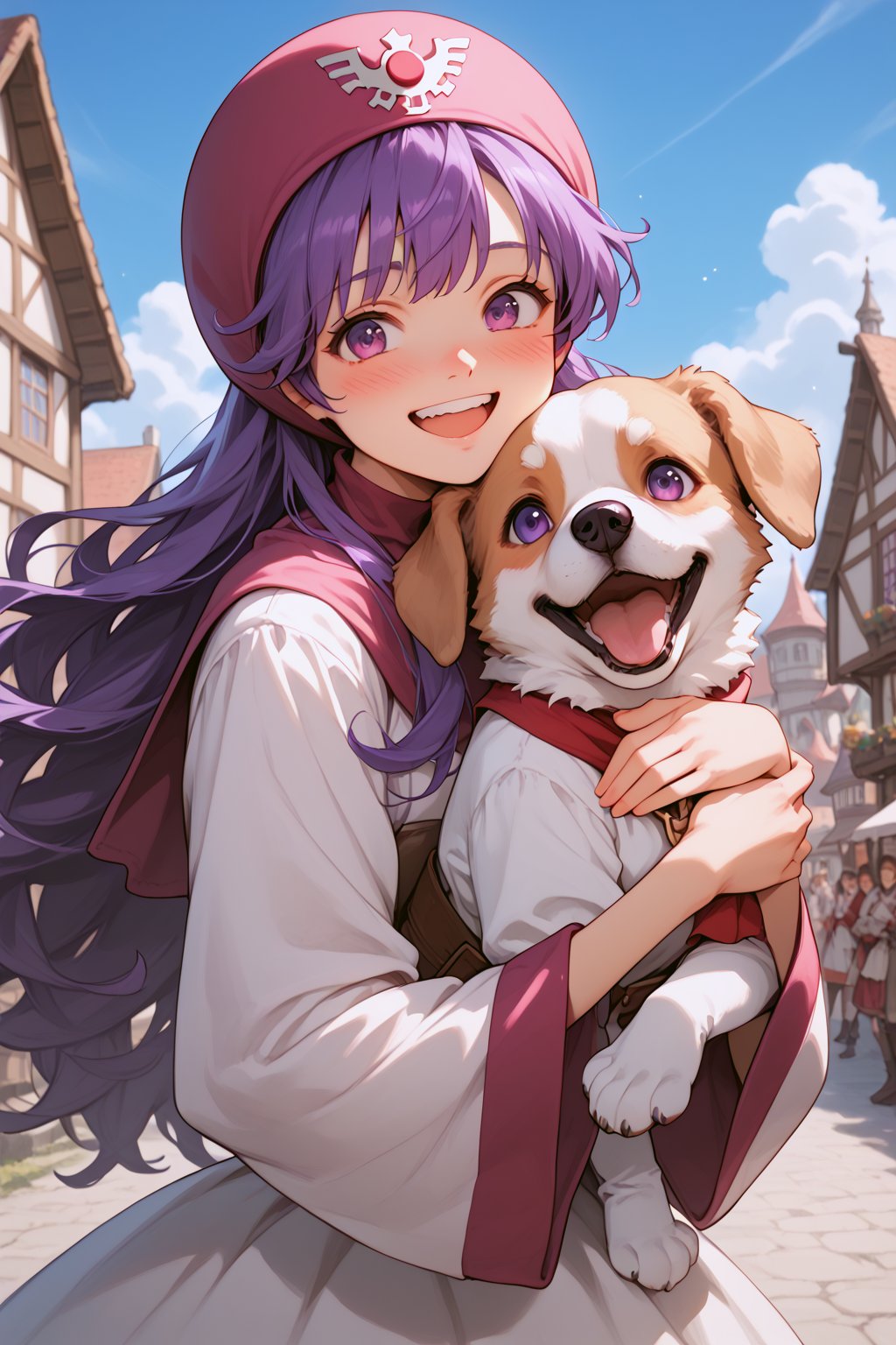 core_9, score_8_up, score_7_up, score_6_up, source_anime, portrait, 
1girl, solo, princess of moonbrook, purple eyes, purple hair, long hair, 
dress, white dress, hood, long sleeves, wide sleeves, 
medieval town, square, sky, outdoors, 
looking pleasured, happy, smile, open mouth, embarrassed, blushing, holding dog, hugging dog, cheek to cheek, p3tl0v3, 