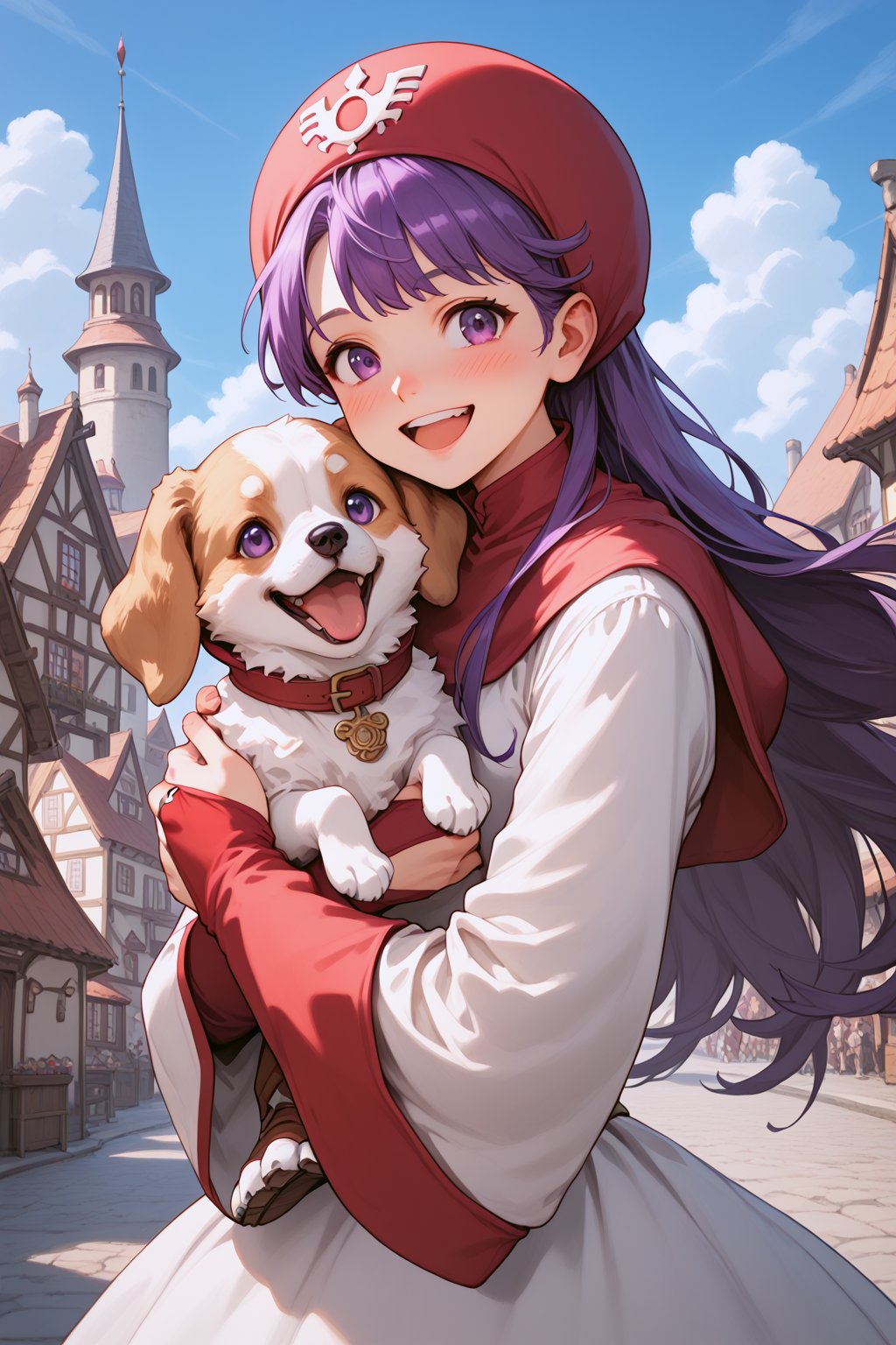 core_9, score_8_up, score_7_up, score_6_up, source_anime, portrait, 
1girl, solo, princess of moonbrook, purple eyes, purple hair, long hair, 
dress, white dress, hood, long sleeves, wide sleeves, boots, red footwear, bridal gauntlets, 
medieval town, square, sky, outdoors, 
looking pleasured, happy, smile, open mouth, embarrassed, blushing, holding dog, hugging dog, cheek press, p3tl0v3, 