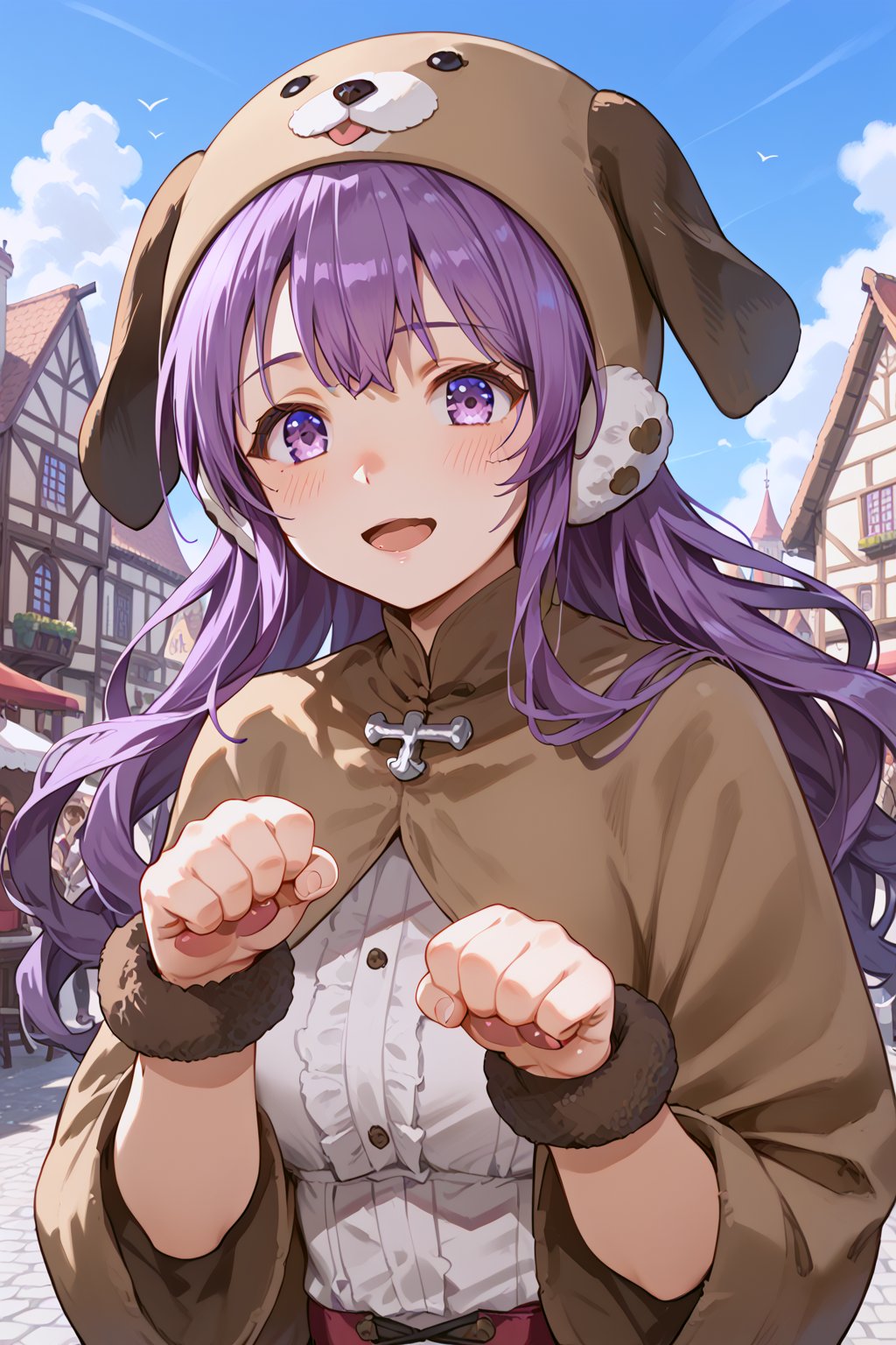 core_9, score_8_up, score_7_up, score_6_up, source_anime, 
1girl, solo, princess of moonbrook, purple eyes, purple hair, long hair, 
alternate clothes, dog costume, hood up, 
medieval town, square, sky, outdoors, 
submissive female, wariza, light smile, open mouth, embarrassed, blushing, paw pose, 