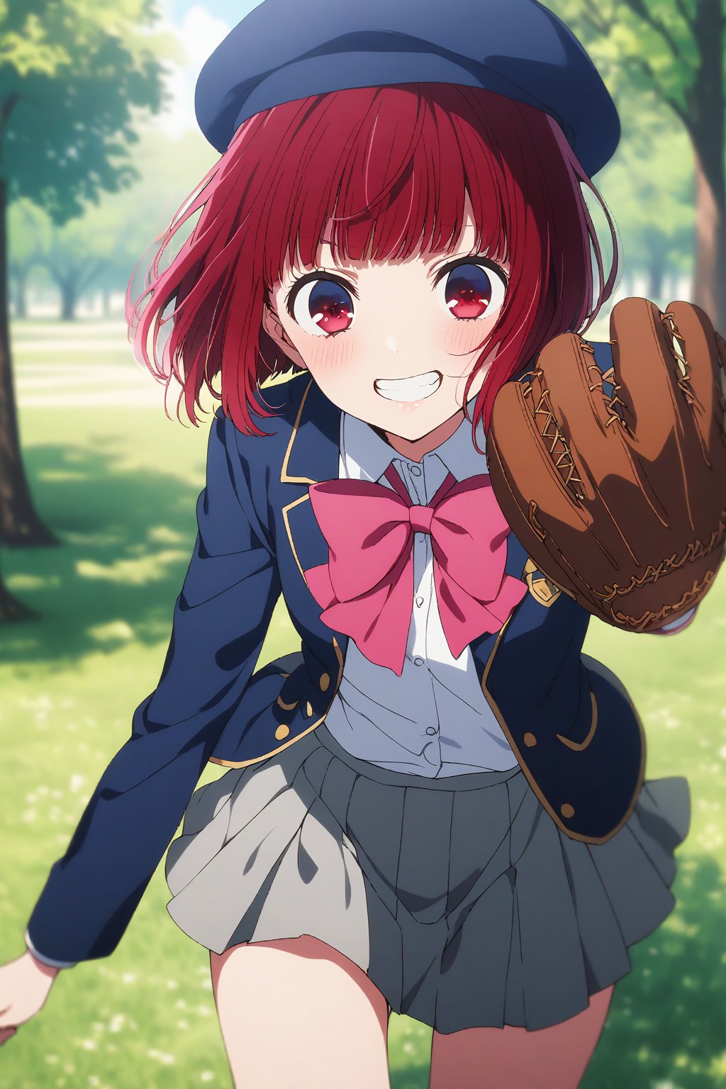 score_9, score_8_up, score_7_up, score_6_up, source_anime, 
1girl, solo, kana arima, red hair, short hair, bob cut, bangs, red eyes, 
skirt, long sleeves, hat, bow, school uniform, jacket, pink bow, grey skirt, blue headwear, 
park, grass square, outdoors, day time, 
playing baseball, baseball glove, catching a ball, looking pleasured, grin, light blush, looking at viewer, 