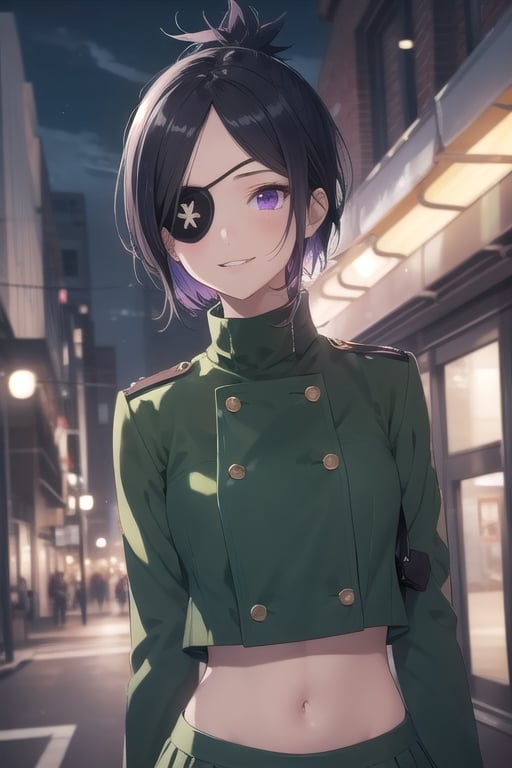 masterpiece, best quality, ultra-detailed, glowing light, (detailed background, complex background:1.2), (perfect face, detailed face), 
1girl, solo, chrome dokuro, black hair, eyepatch, (purple eyes:1.1), short hair, narrow waist, navel, 
crop top, eyepatch, school uniform, serafuku, skirt, green uniform, 
School building, sky, outdoor,  
holdding weapon, trident, light smile, looking at viewer, 
