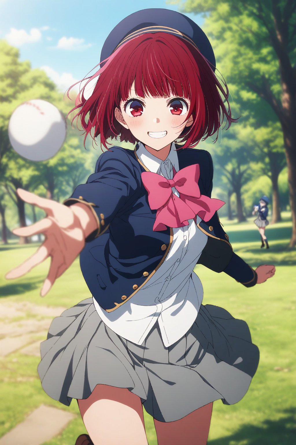 score_9, score_8_up, score_7_up, score_6_up, source_anime, 
1girl, solo, kana arima, red hair, short hair, bob cut, bangs, red eyes, 
skirt, long sleeves, hat, bow, school uniform, jacket, pink bow, grey skirt, blue headwear, 
park, grass square, outdoors, day time, 
playing baseball, throwing a ball, pitching, looking pleasured, grin, light blush, looking at viewer, 