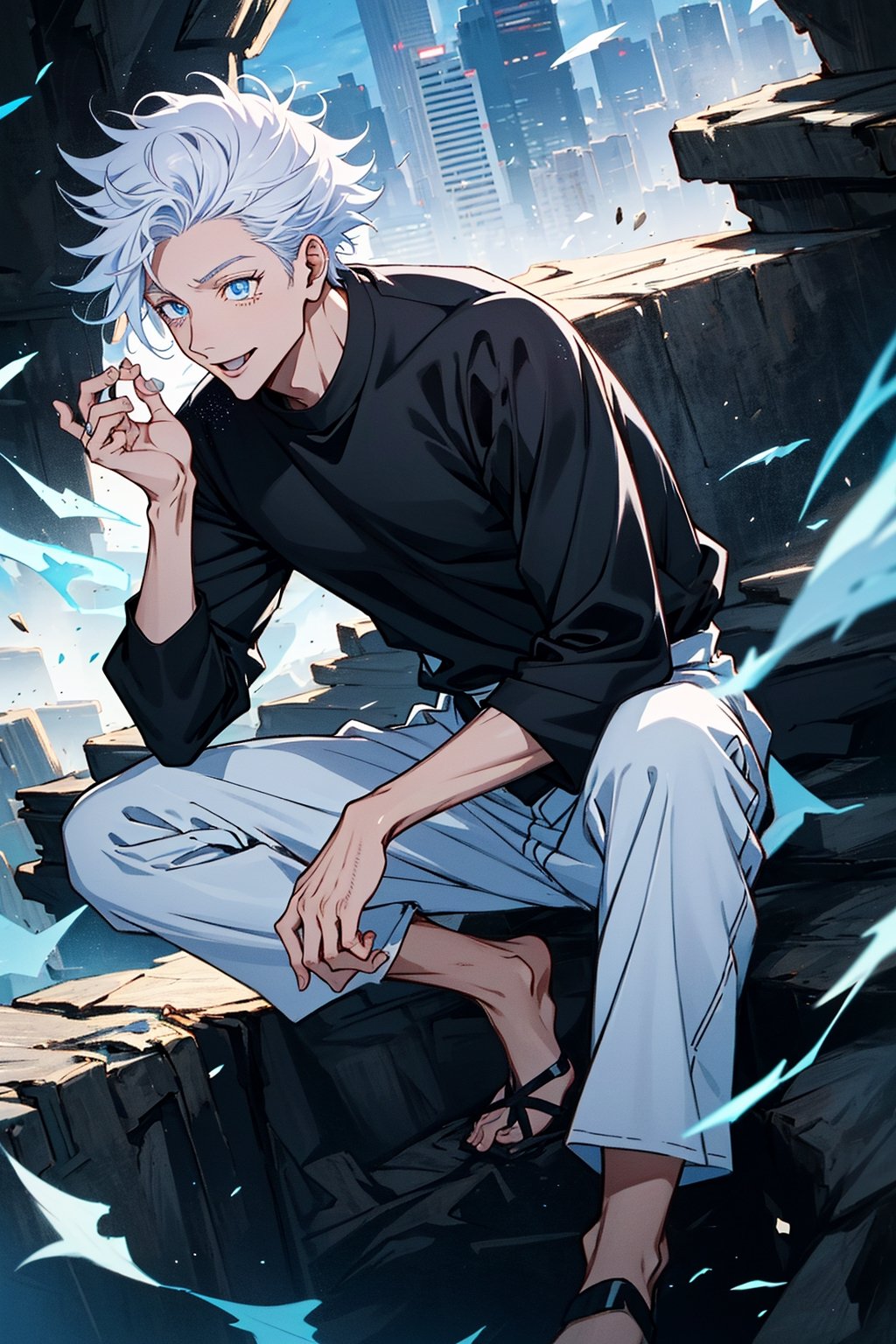 1 boy, edge light, Gojo Satoru, powerful sorcerer, tight black t-shirt, loose white pants, bright blue eyes, white hair, happy, city background, Jujutsu Kaisen, mix of fantasy and realism, special effects, fantasy, ultra HD, HDR, 4K,