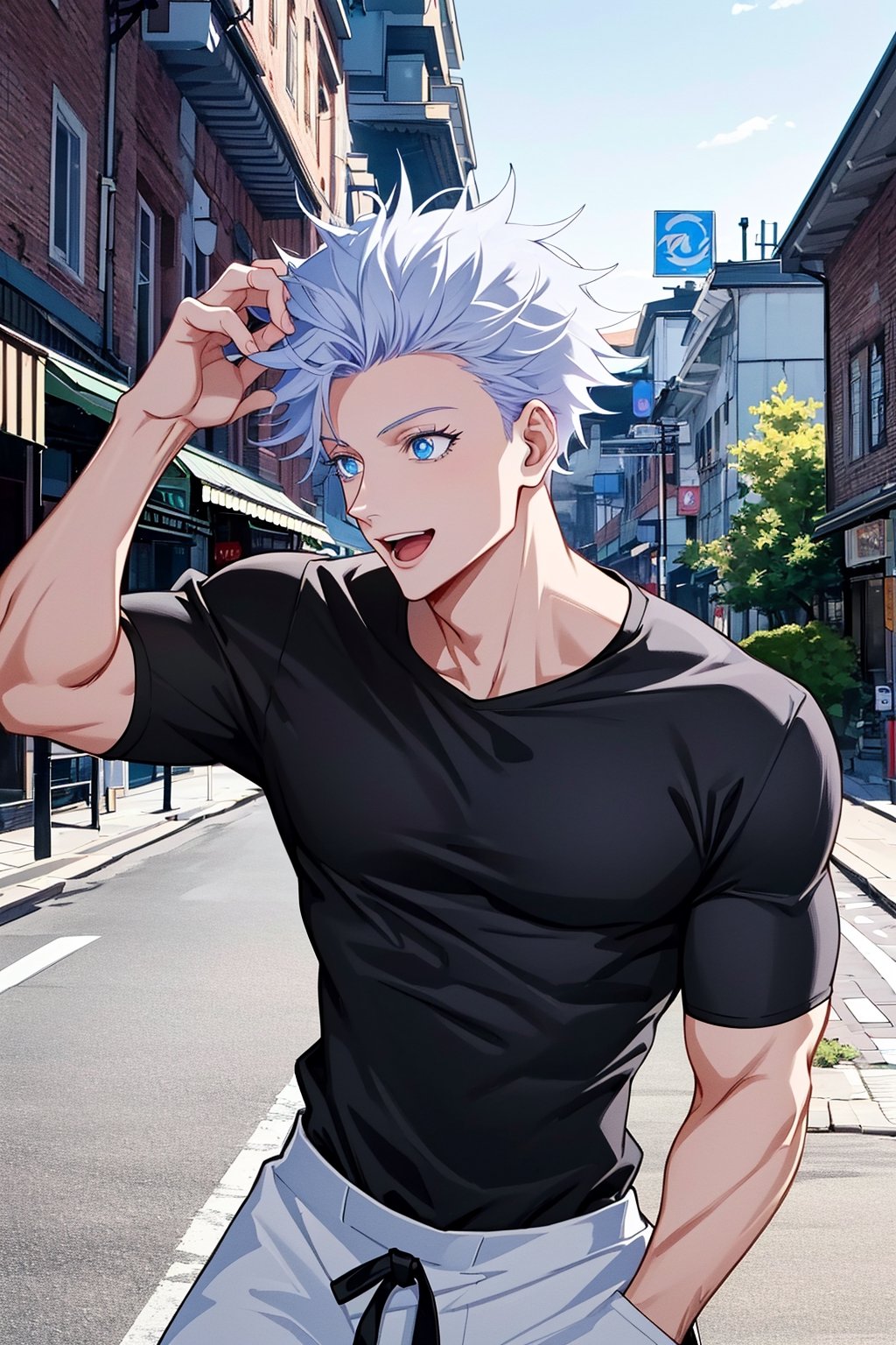 1 boy, edge light, Gojo Satoru, powerful sorcerer, tight black t-shirt, loose white pants, bright blue eyes, white hair, happy, city background, Jujutsu Kaisen, mix of fantasy and realism, special effects, fantasy, ultra HD, HDR, 4K,