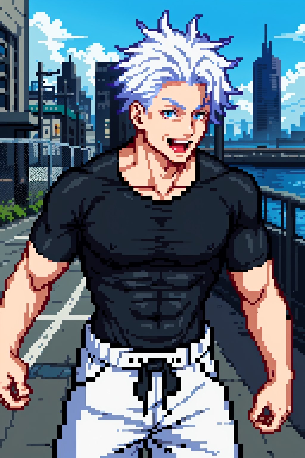 1 boy, edge light, Gojo Satoru, powerful sorcerer, tight black t-shirt, loose white pants, bright blue eyes, white hair, happy, city background, Jujutsu Kaisen, mix of fantasy and realism, special effects, fantasy, ultra HD, HDR, 4K,Pixel art