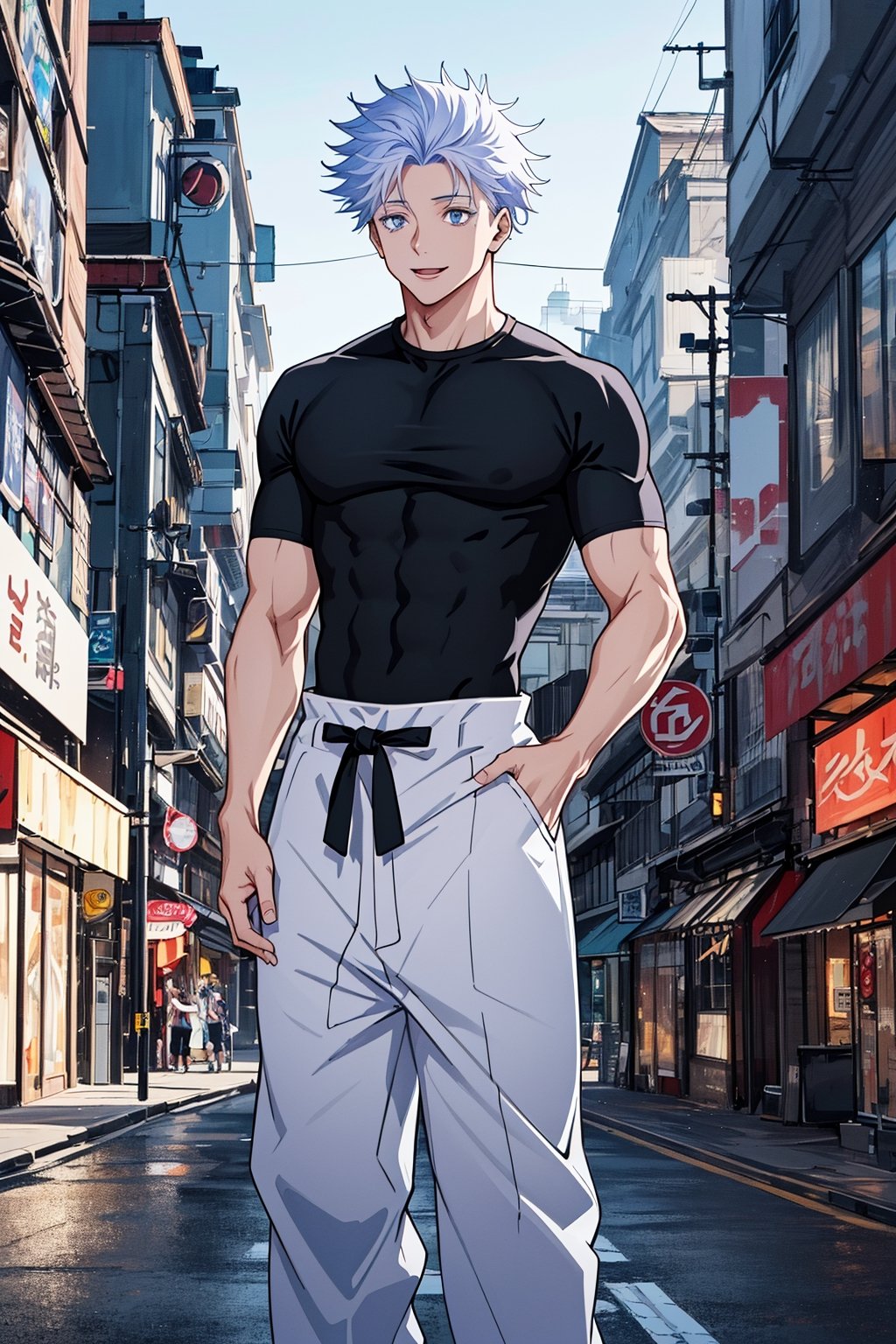 1 boy, edge light, Gojo Satoru, powerful sorcerer, tight black t-shirt, loose white pants, bright blue eyes, white hair, happy, city background, Jujutsu Kaisen, mix of fantasy and realism, special effects, fantasy, ultra HD, HDR, 4K,