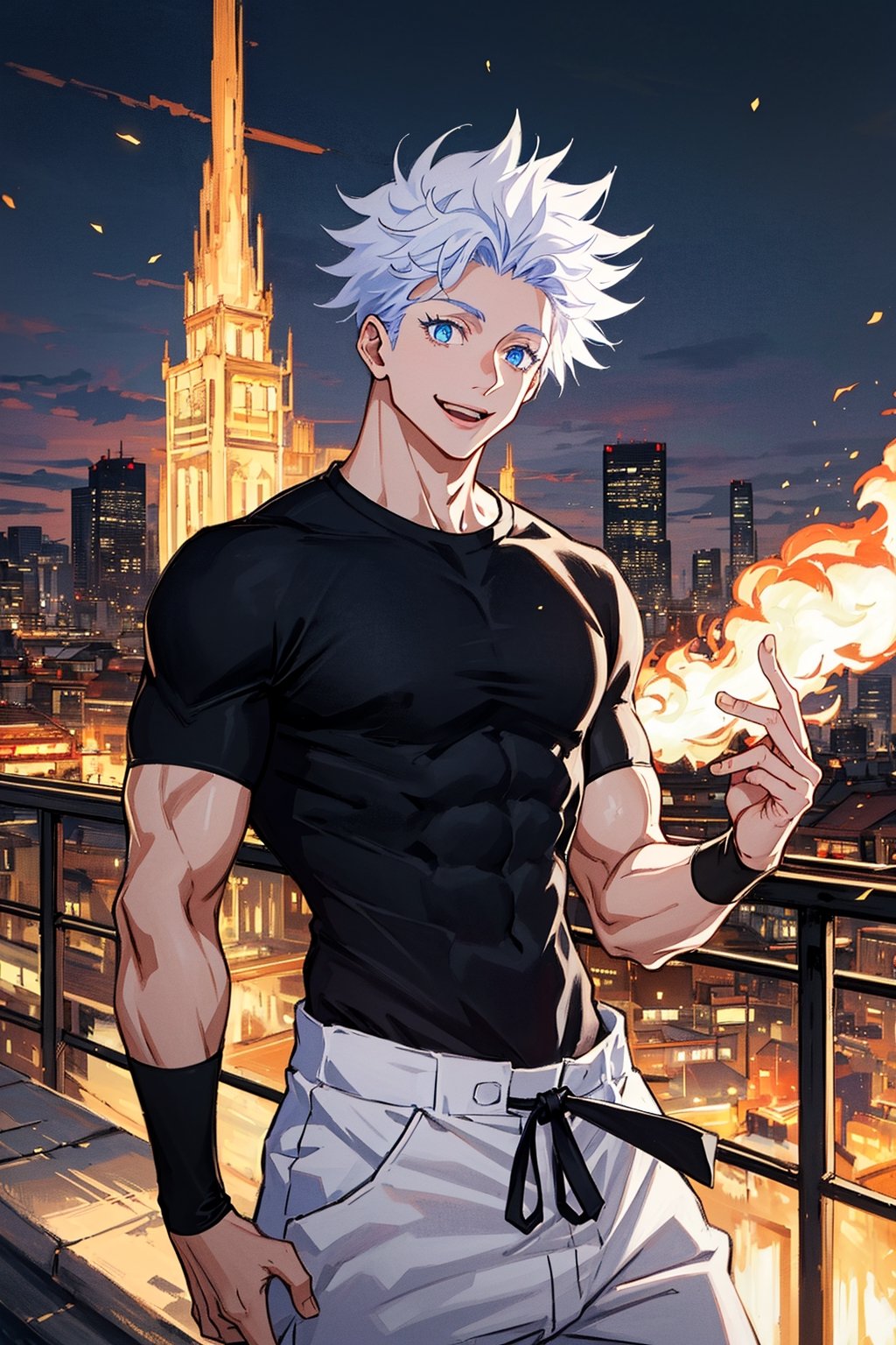 1 boy, edge light, Gojo Satoru, powerful sorcerer, tight black t-shirt, loose white pants, bright blue eyes, white hair, happy, city background, Jujutsu Kaisen, mix of fantasy and realism, special effects, fantasy, ultra HD, HDR, 4K,