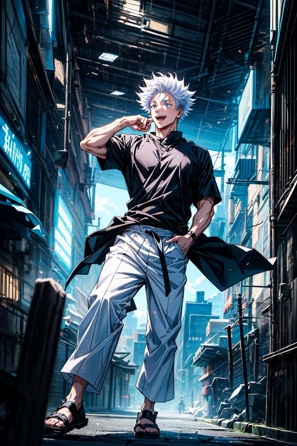 1 boy, edge light, Gojo Satoru, powerful sorcerer, tight black t-shirt, loose white pants, bright blue eyes, white hair, happy, city background, Jujutsu Kaisen, mix of fantasy and realism, special effects, fantasy, ultra HD, HDR, 4K,