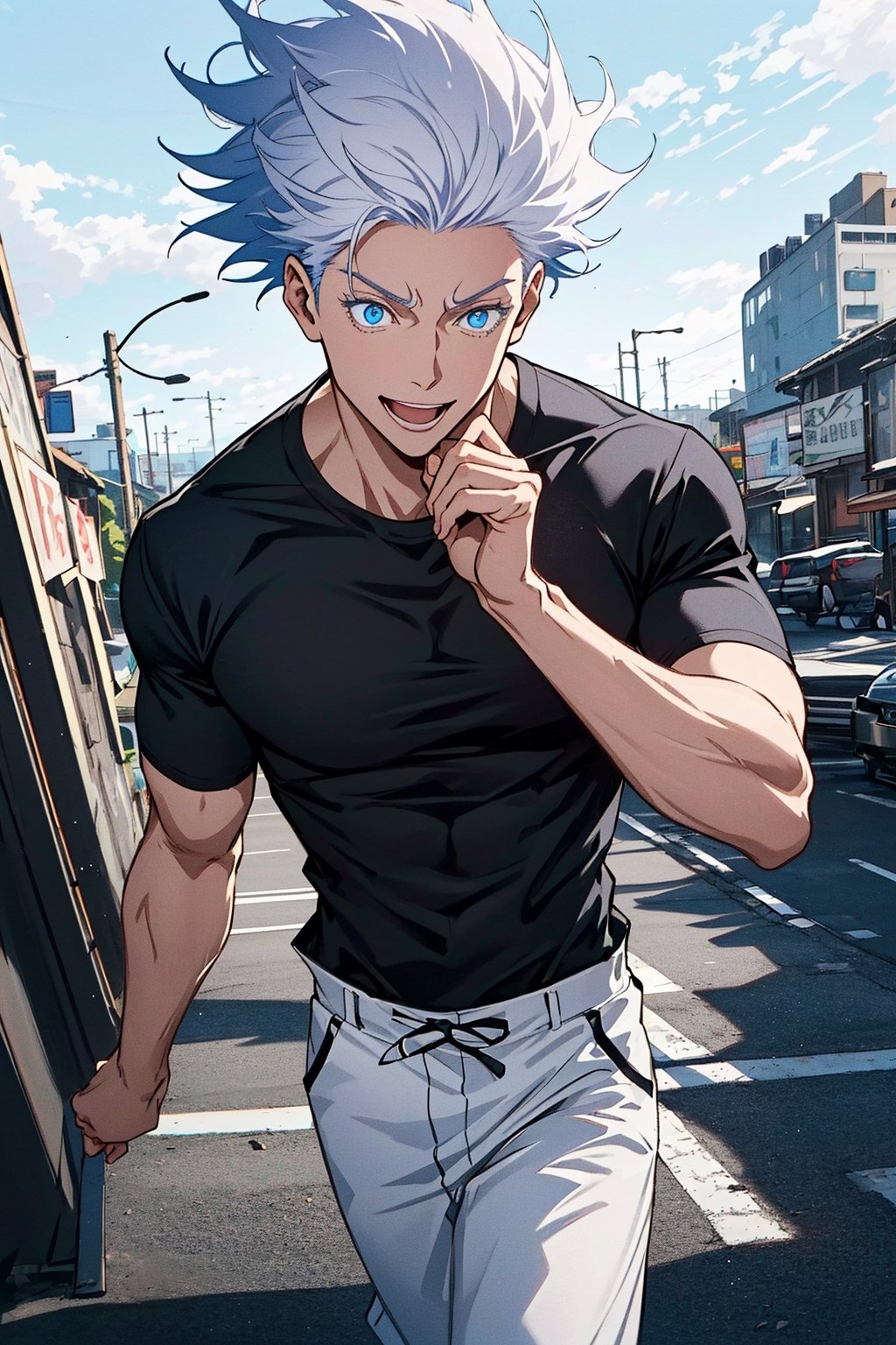 1 boy, edge light, Gojo Satoru, powerful sorcerer, tight black t-shirt, loose white pants, bright blue eyes, white hair, happy, city background, Jujutsu Kaisen, mix of fantasy and realism, special effects, fantasy, ultra HD, HDR, 4K,