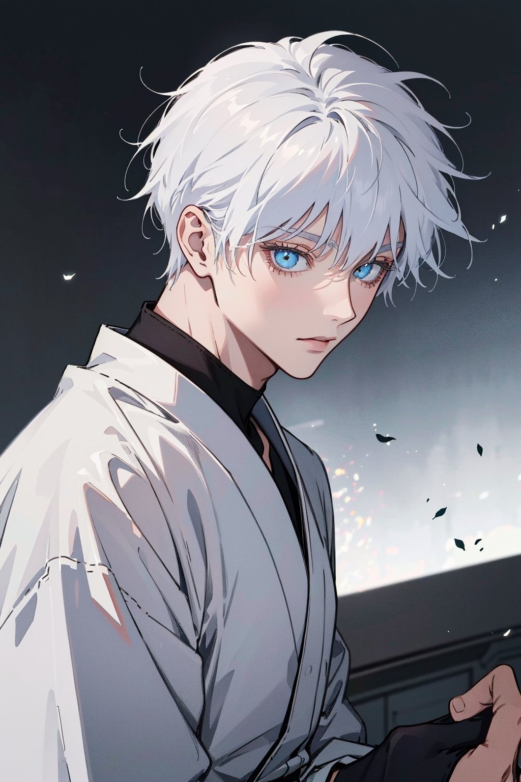 1 boy,edge light,looking_at_screen,masterpiece,best quality,single,Gojo Satoru,detail,bright eyes with the biggest,white hair,