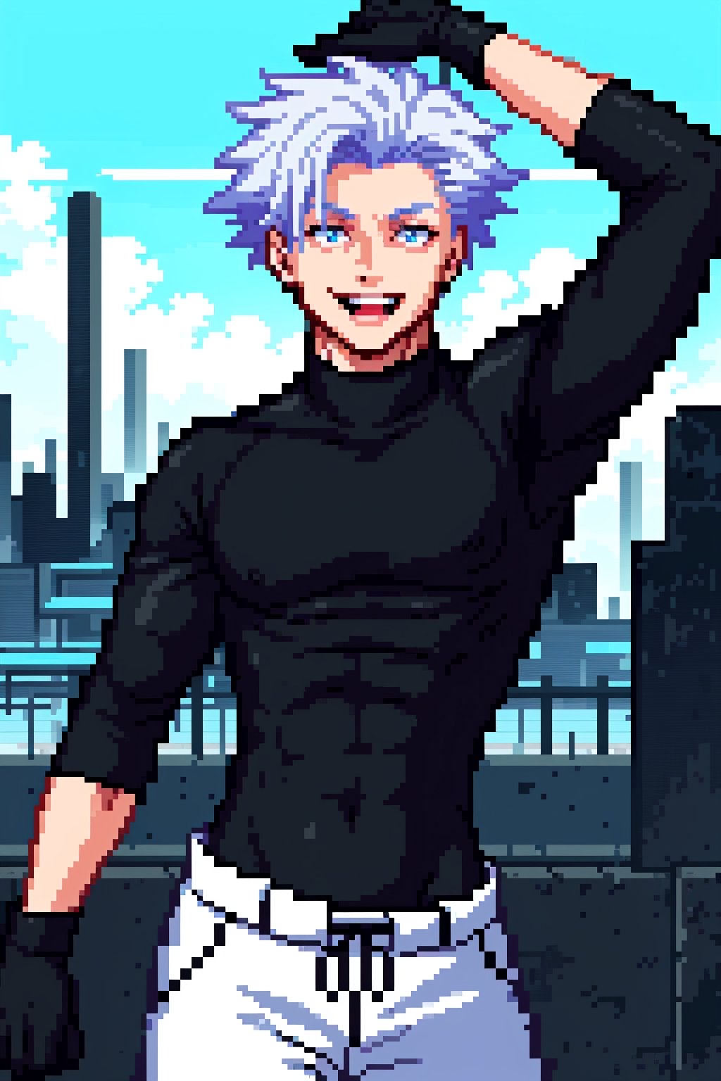 1 boy, edge light, Gojo Satoru, powerful sorcerer, tight black t-shirt, loose white pants, bright blue eyes, white hair, happy, city background, Jujutsu Kaisen, mix of fantasy and realism, special effects, fantasy, ultra HD, HDR, 4K,Pixel art