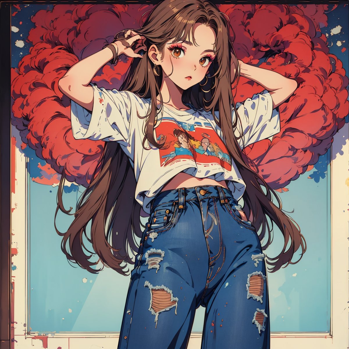 1 girl, masterpiece, model, perfect face, makeup, petite, 18 years old, long hair, light brown hair, expensive clothes, jeans, posing, hands on head, standing, 90s style, brown eyes, while the background features a soft blue gradient framed by a subtle border,