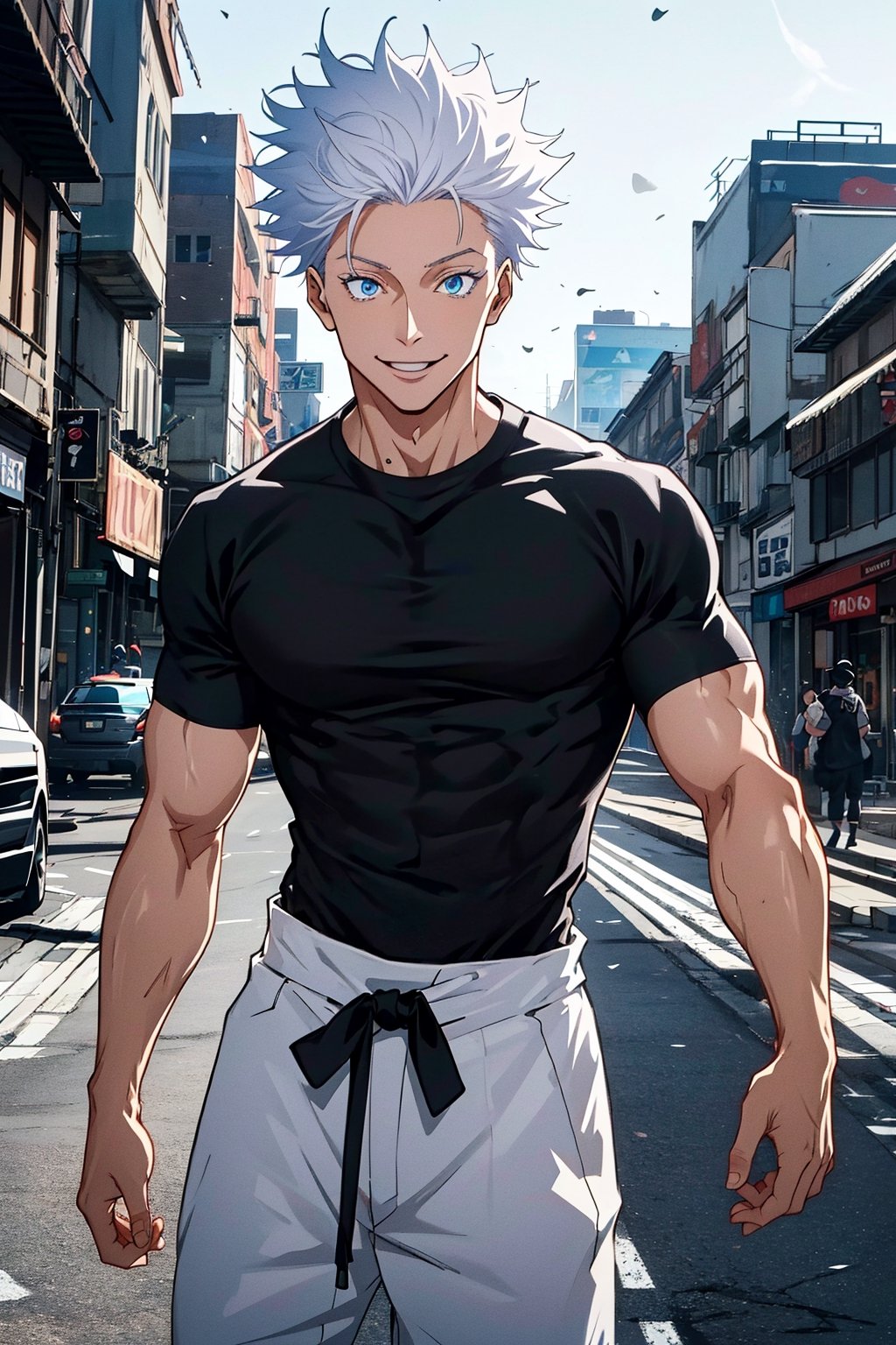 1 boy, edge light, Gojo Satoru, powerful sorcerer, tight black t-shirt, loose white pants, bright blue eyes, white hair, happy, city background, Jujutsu Kaisen, mix of fantasy and realism, special effects, fantasy, ultra HD, HDR, 4K,