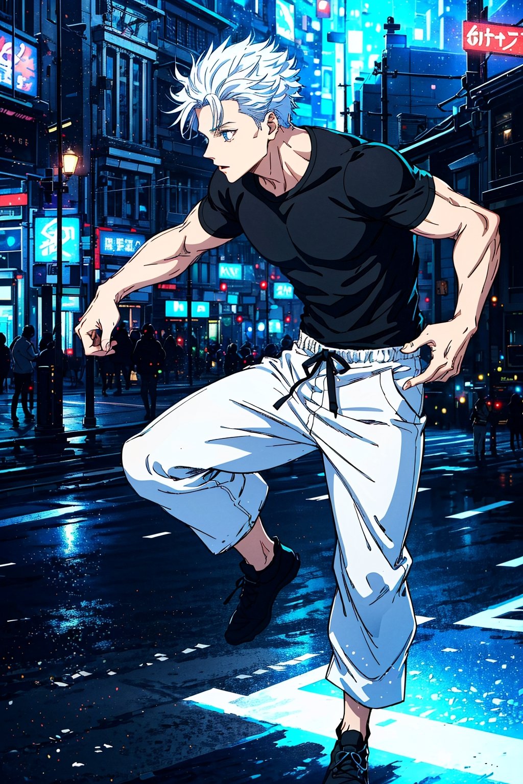 1boy, Gojo Satoru, powerful sorcerer, full body, tight black t-shirt, loose white pants, light blue eyes, white hair, city background, Jujutsu Kaisen, mix of fantasy and realism, special effects, fantasy, ultra HD, HDR, 4K, realhands, gojosatoru