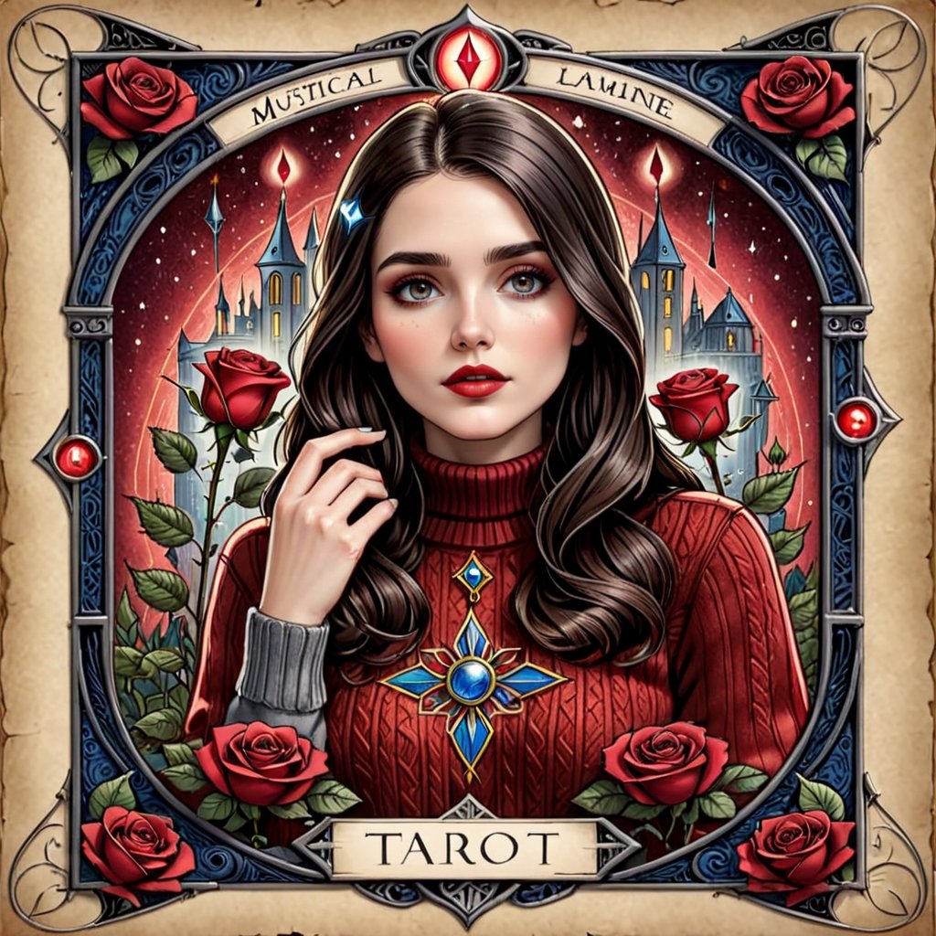 || Tarot card with art deco frame, an ink drawing, a digital painting of a 1girl, solo, long hair, looking at viewer, brown hair, black hair, long sleeves, upper body, flower, parted lips, teeth, hand up, sweater, lips, grey eyes, sparkle, rose, turtleneck, leaf, red flower, ribbed sweater, red rose, realistic, card \(medium\), brown sweater, roman numeral, decorative rose flowers ||  pen and ink, liquid ink, best quality, double exposure, vintage triadic colors, realistic artstyle, stylized urban fantasy artwork, stunning digital illustration, stylized urban fantasy artwork, beautiful digital illustration, mysterious and detailed image, in the style of Craola, Dan Mumford, Andy Kehoe, 2d, flat, vintage, cracked paper art, patchwork, detailed storybook illustration, cinematic, ultra highly detailed, mystical, luminism, vibrant colors, complex background,tarot card,comic book,on parchment,aw0k straightsylum, pen and ink, liquid ink, best quality, double exposure, vintage triadic colors, (tarot card:1.2), realistic artstyle, stylized urban fantasy artwork, stunning digital illustration, stylized urban fantasy artwork, beautiful digital illustration, mysterious and detailed image, in the style of Craola, Dan Mumford, Andy Kehoe, 2d, flat, vintage, cracked paper art, patchwork, detailed storybook illustration, cinematic, ultra highly detailed, mystical, luminism, vibrant colors, complex background,tarot card,comic book,on parchment,itacstl