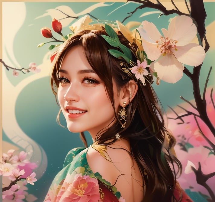 masterpiece, best quality, flat color, oil painting style, flooded, ink ,oil paint, 1girl, solo, long hair, looking at viewer, smile, brown hair, black hair, hair ornament, dress, bare shoulders, jewelry, upper body, flower, earrings, teeth, looking back, hair flower, grin, blurry, from side, tree, lips, blurry background, cherry blossoms, realistic, branch,Movie Poster,chinese dragon,ink,post00d