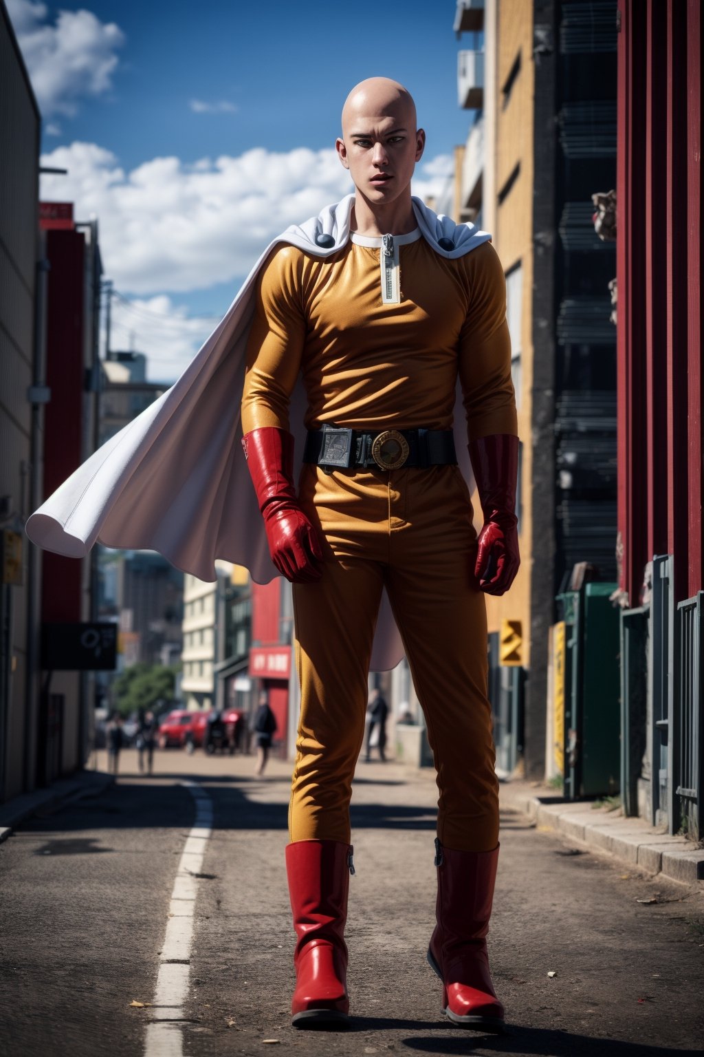 saitama, (photorealistic:1.25), one punch, 1boy, 30-year-old japanese man, ((bald)), (full body:1.52), highly detailed, from below:1.38, (white cape, red boots, red gloves), dynamic pose,  extremely muscular:1.45, masculine:1.13, outdoor,SAITAMA,Detailedface, correct_anatomy, cinematic lighting, dramatic, tilted view:1.23, correct belt, flame, sparks, burning building,daytime