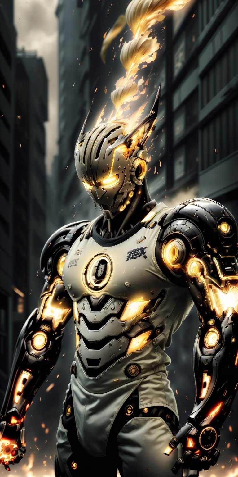 ((masterpiece, best quality)), (((Genos))), One Punch Man, Cyborg, (((glowing yellow iris))), black_pupils, blond_hair, calm, collected, artificial skins,  robotic arms,  sleeveless_shirt, toned_male, muscular_body,  tall, metal details, background of buildings Tokyo Japan, light flashes, fire explosion, mix of fantastic and realistic elements, uhd image, vibrant artwork,,GENOS   ,scifi,1girl锛� roujinzhi,worldoffire