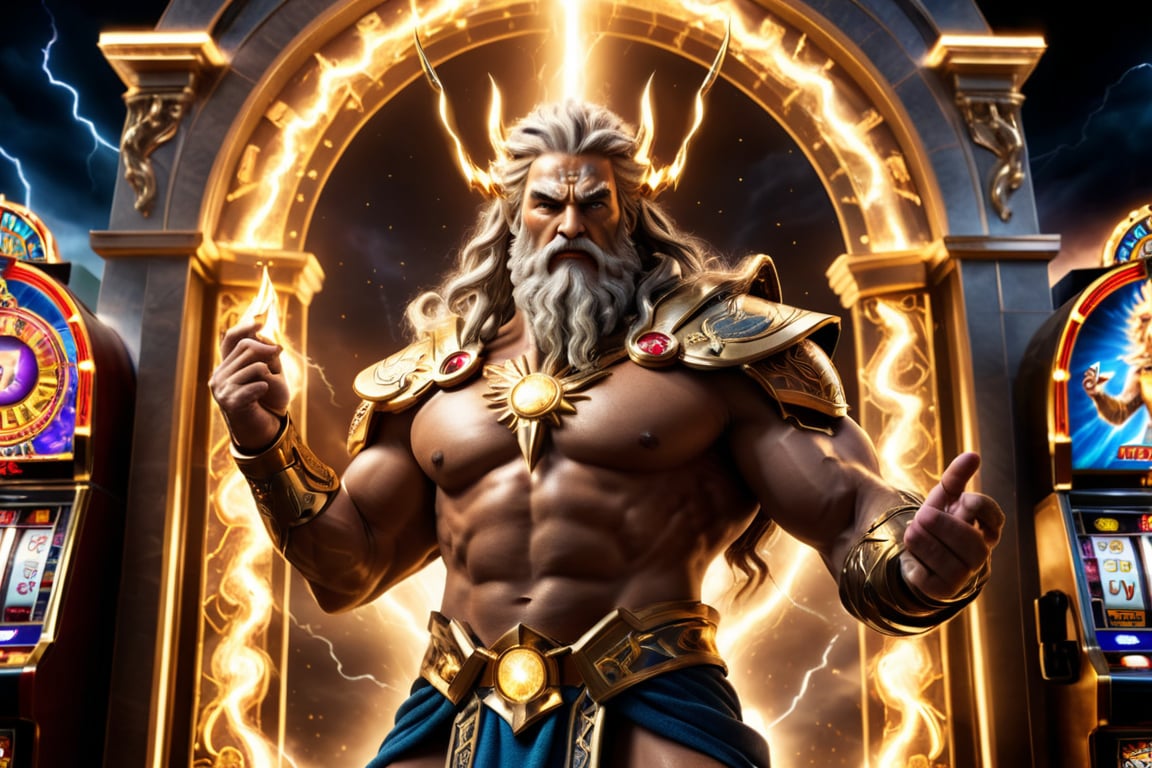 (masterpiece, ultra-detailed photo, ultra high quality, HDR, High_res 16k), an omnipotent zeus, holding lightning bolt in his palm, standing in the tartarus gate glowing with magical lighting, casino, slot machines, epic, dramatic, intricate, sharp focus, volumetric light, medium contrast, cinematic, from below,more detail XL