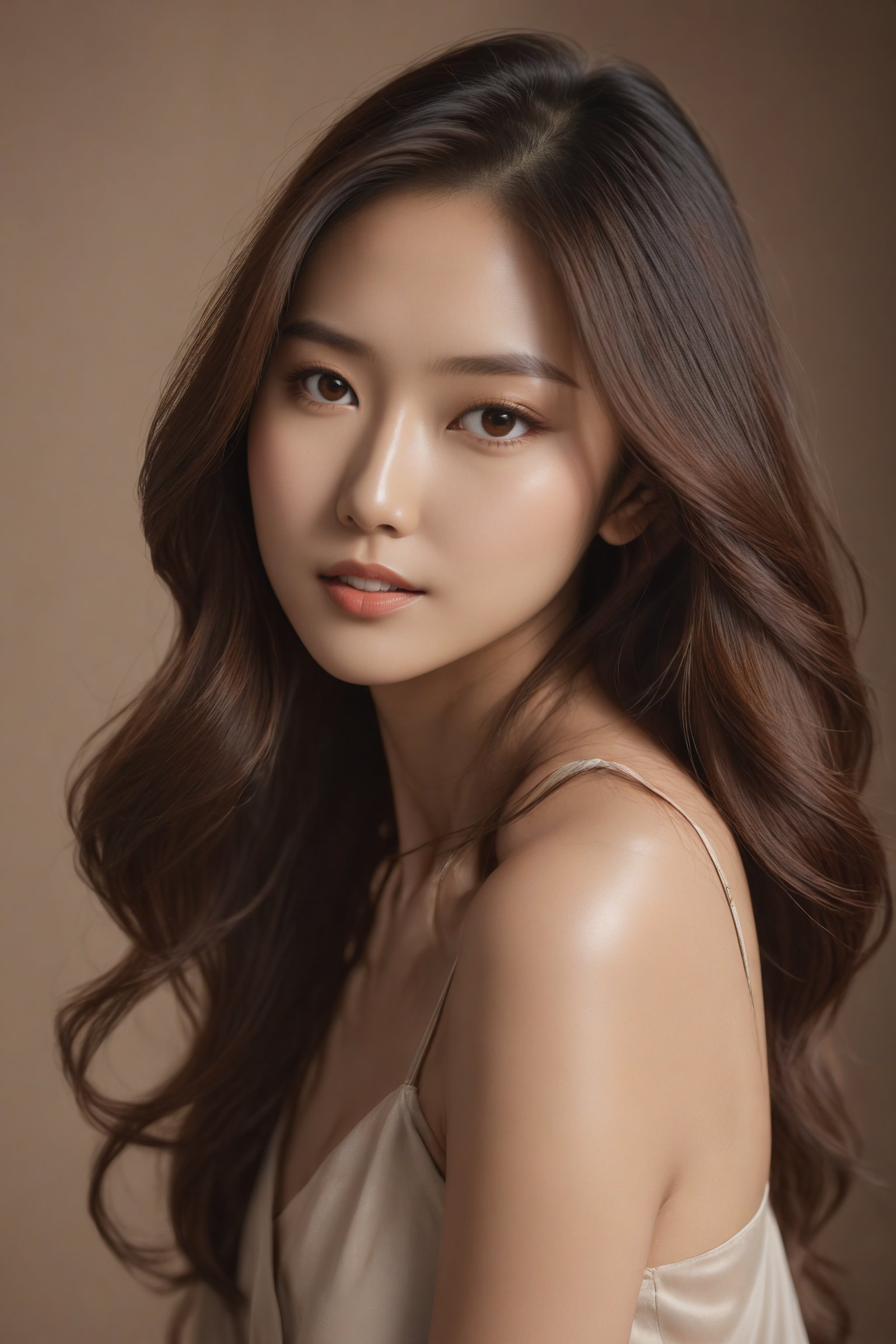 A stunning Asian supermodel with luscious brown locks stands confidently in a soft focus studio setting. Her long hair cascades down her back like a waterfall of chestnut hues. The warm lighting accentuates the subtle definition of her features, as she gazes directly into the camera lens. Her porcelain skin glows with a radiant sheen, set off by the rich tones of her locks. Sitting in the cafe in daylight