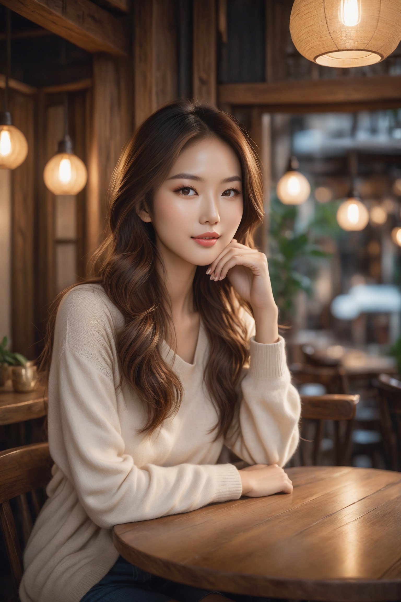 A stunning Asian supermodel with luscious brown locks sits elegantly in a cozy cafe, surrounded by warm lighting and rustic wooden accents. Her porcelain skin glows as she sips from a cup, her eyes gazing softly into the distance, framing the shot with a subtle smile.