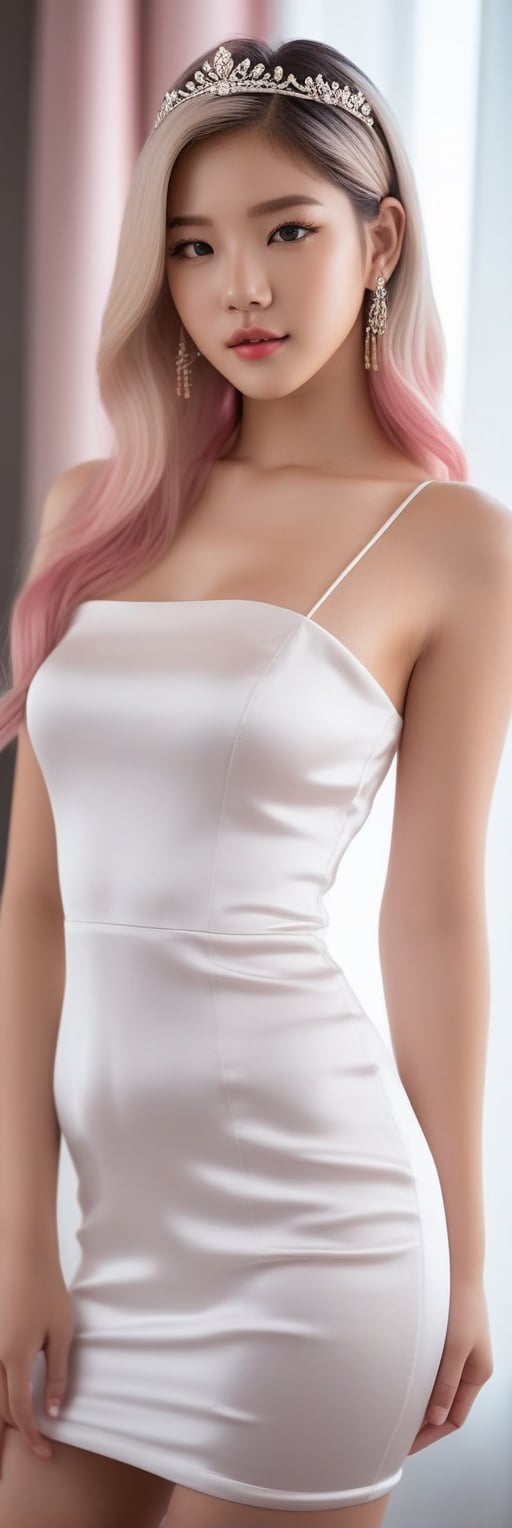 A sexy 21-year-old girl with the face of LISA BLACKPINK and fair skin. slender body, supermodel body, tiara, medium hair, mixed colors of blonde and pink hair, silk white mini dress, a luxurious hotel room. Build realistic, soft light, detailed face, concept art, looking into camera, masterpiece, photorealism