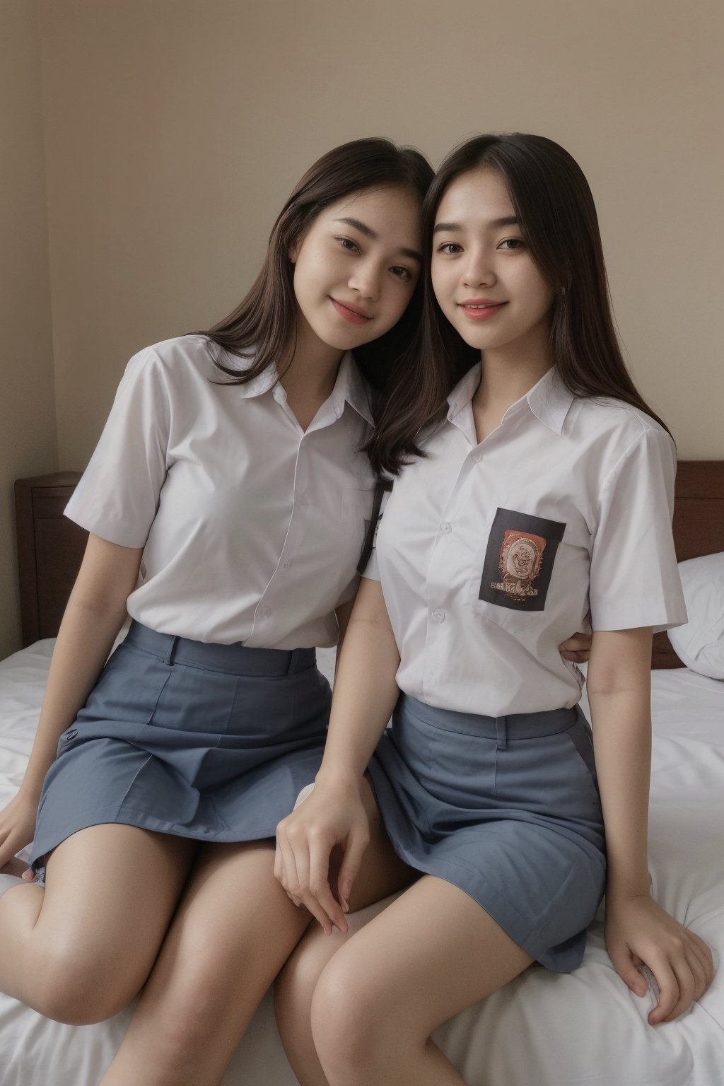 2 girls’ .stand parallel,

[Girl 1: [(brown hair), brown eyes, Chinese face, wearing white collar shirt and grey skirt]]
[Girl 2: [wearing white collar shirt and grey skirt, Korean face]]
Equal height, smile expression, detailed, sitting on the bed in a luxurious room