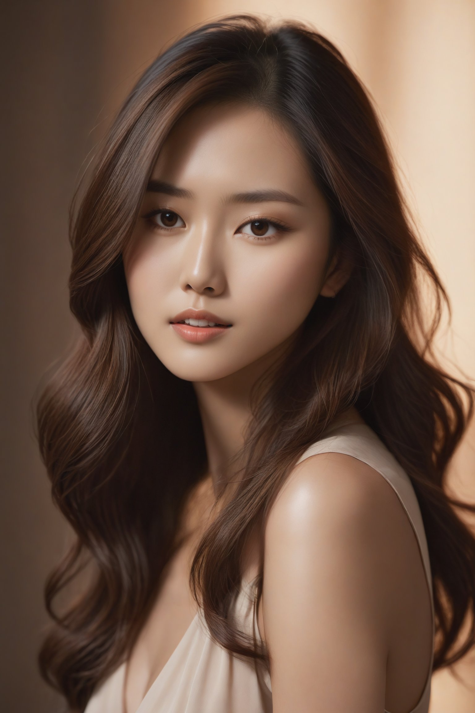 A stunning Asian supermodel with luscious brown locks stands confidently in a soft focus studio setting. Her long hair cascades down her back like a waterfall of chestnut hues. The warm lighting accentuates the subtle definition of her features, as she gazes directly into the camera lens. Her porcelain skin glows with a radiant sheen, set off by the rich tones of her locks. Sitting in the cafe in daylight