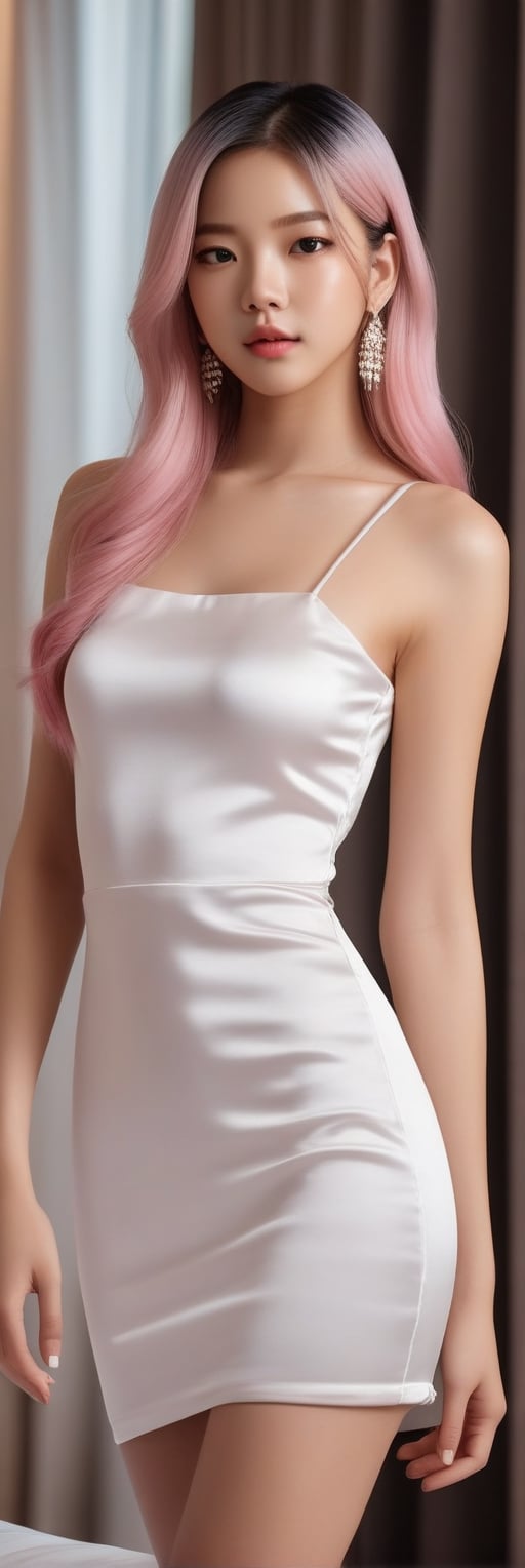 A sexy 21-year-old girl with the face of LISA BLACKPINK and fair skin. slender body, supermodel body, tiara, medium hair, mixed colors of blonde and pink hair, silk white mini dress, a luxurious hotel room. Build realistic, soft light, detailed face, concept art, looking into camera, masterpiece, photorealism