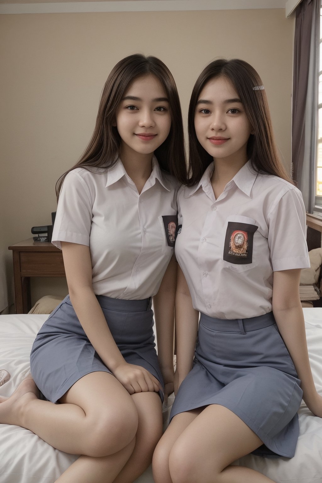 2 girls’ .stand parallel,

[Girl 1: [(brown hair), brown eyes, Chinese face, wearing white collar shirt and grey skirt]]
[Girl 2: [wearing white collar shirt and grey skirt, Korean face]]
Equal height, smile expression, detailed, sitting on the bed in a luxurious room