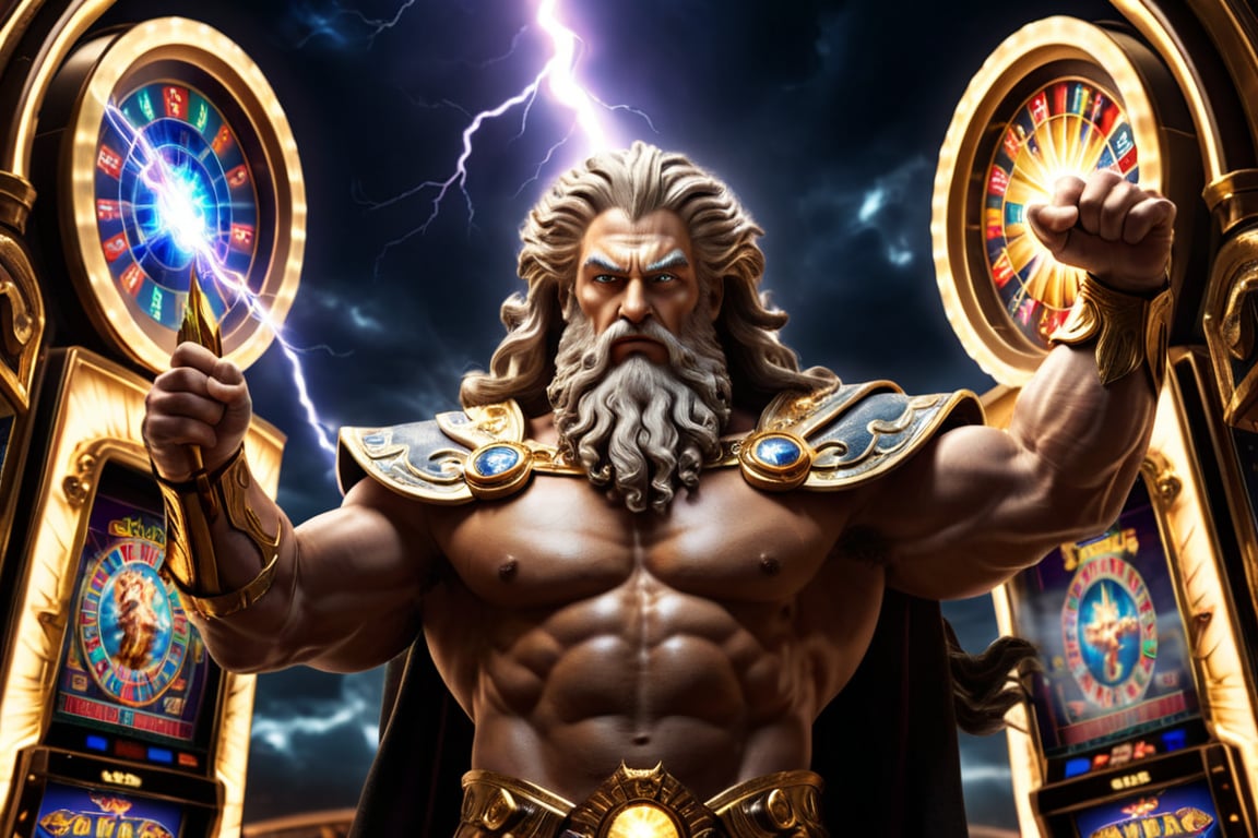 (masterpiece, ultra-detailed photo, ultra high quality, HDR, High_res 16k), an omnipotent zeus, holding lightning bolt in his palm, standing in the tartarus gate glowing with magical lighting, casino, slot machines, epic, dramatic, intricate, sharp focus, volumetric light, medium contrast, cinematic, from below,more detail XL