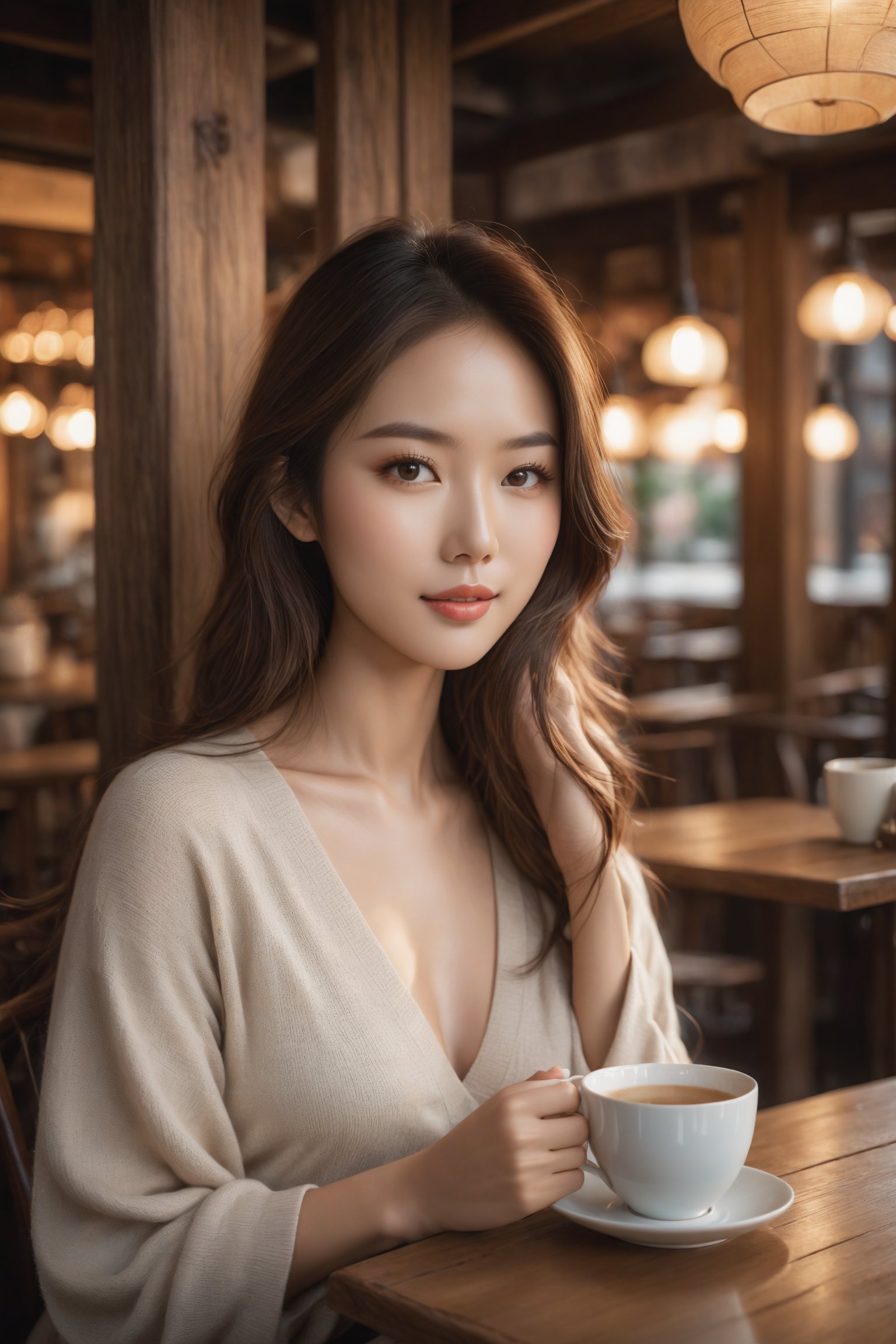 A stunning Asian supermodel with luscious brown locks sits elegantly in a cozy cafe, surrounded by warm lighting and rustic wooden accents. Her porcelain skin glows as she sips from a cup, her eyes gazing softly into the distance, framing the shot with a subtle smile.