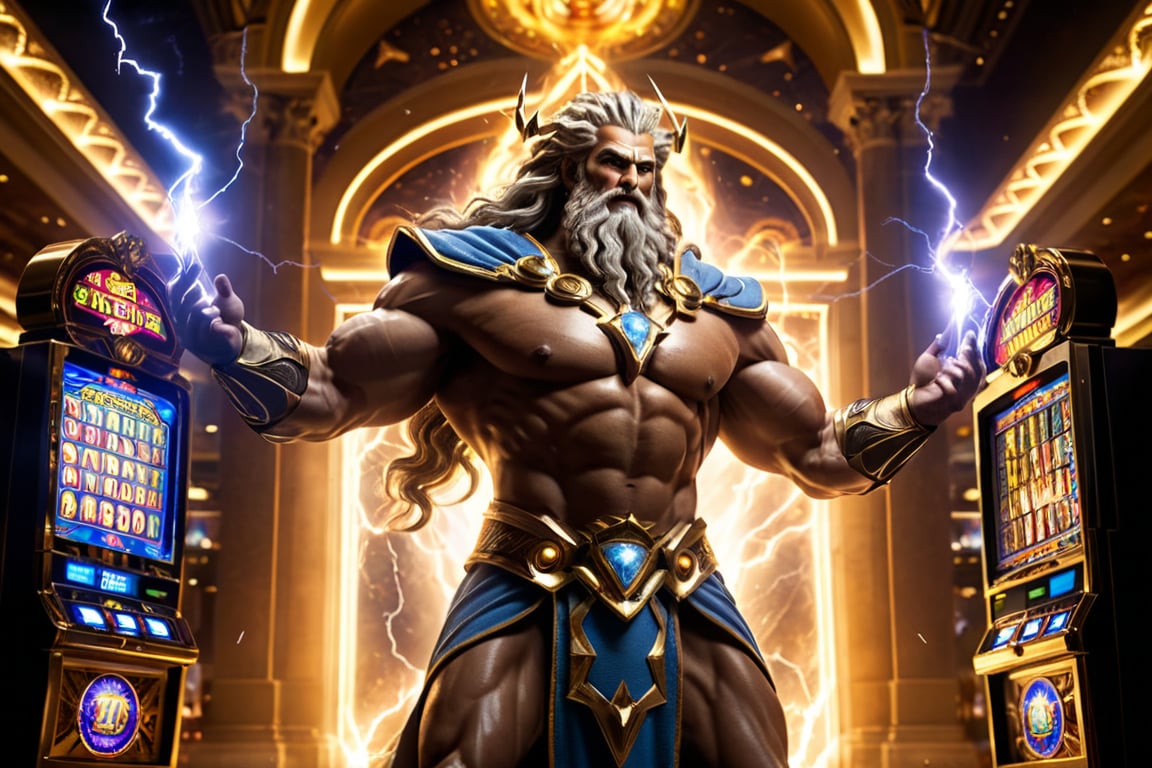 (masterpiece, ultra-detailed photo, ultra high quality, HDR, High_res 16k), an omnipotent zeus, holding lightning bolt in his palm, standing in the tartarus gate glowing with magical lighting, casino, slot machines, scatter, x1000, epic, dramatic, intricate, sharp focus, volumetric light, medium contrast, cinematic, from below,more detail XL