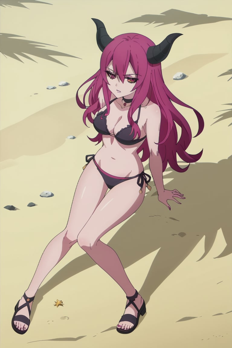 score_9, score_8_up, score_7_up, score_6_up, score_5_up, score_4_up , anime coloring ,BREAK source_anime, anime,screencap,1girl, solo,dlord, demon girl, full_body, pink_bikini_bottom, beach