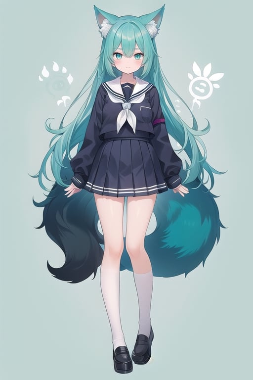 1girl, sidelighting, wallpaper, seifuku, aqua_hair, aqua_eyes, fox ears, full_body