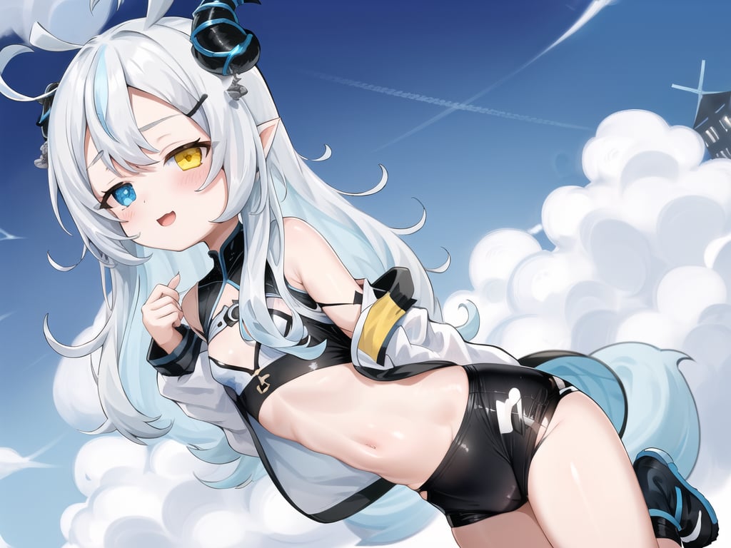 1girl, sidelighting, wallpaper, full_body, high_res, sky blue_hair, ahoge, pointy_ears, horn_ornament, horn_ribbon, hairclip, blue_eyes, heterochromia, yellow_eyes, small_breast, loli, koav1, sport_clothes