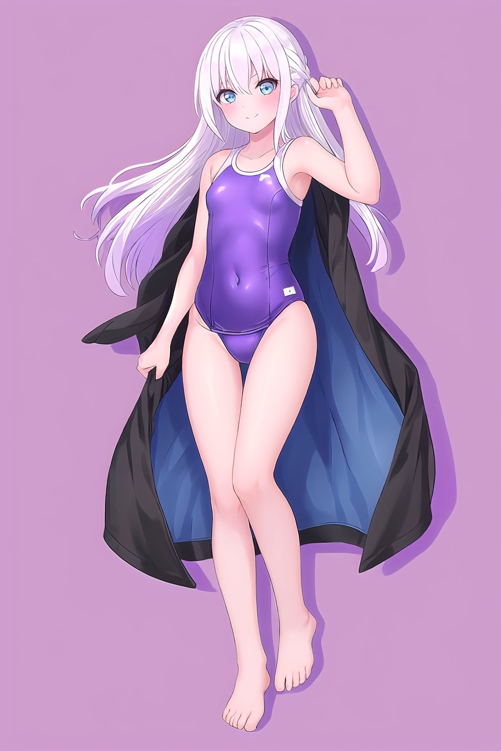 1girl, sidelighting, white hair purple tips,school_swimsuit, blue_eyes, long_hair,wallpaper,full_body,RicheHayashi