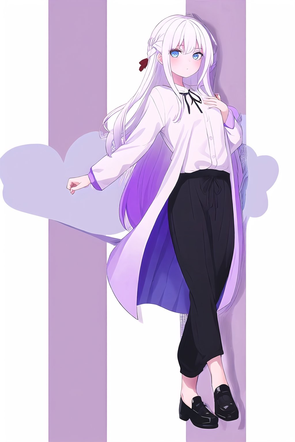 1girl, sidelighting, white hair purple tips, blue_eyes ,wallpaper,full_body,RicheHayashi